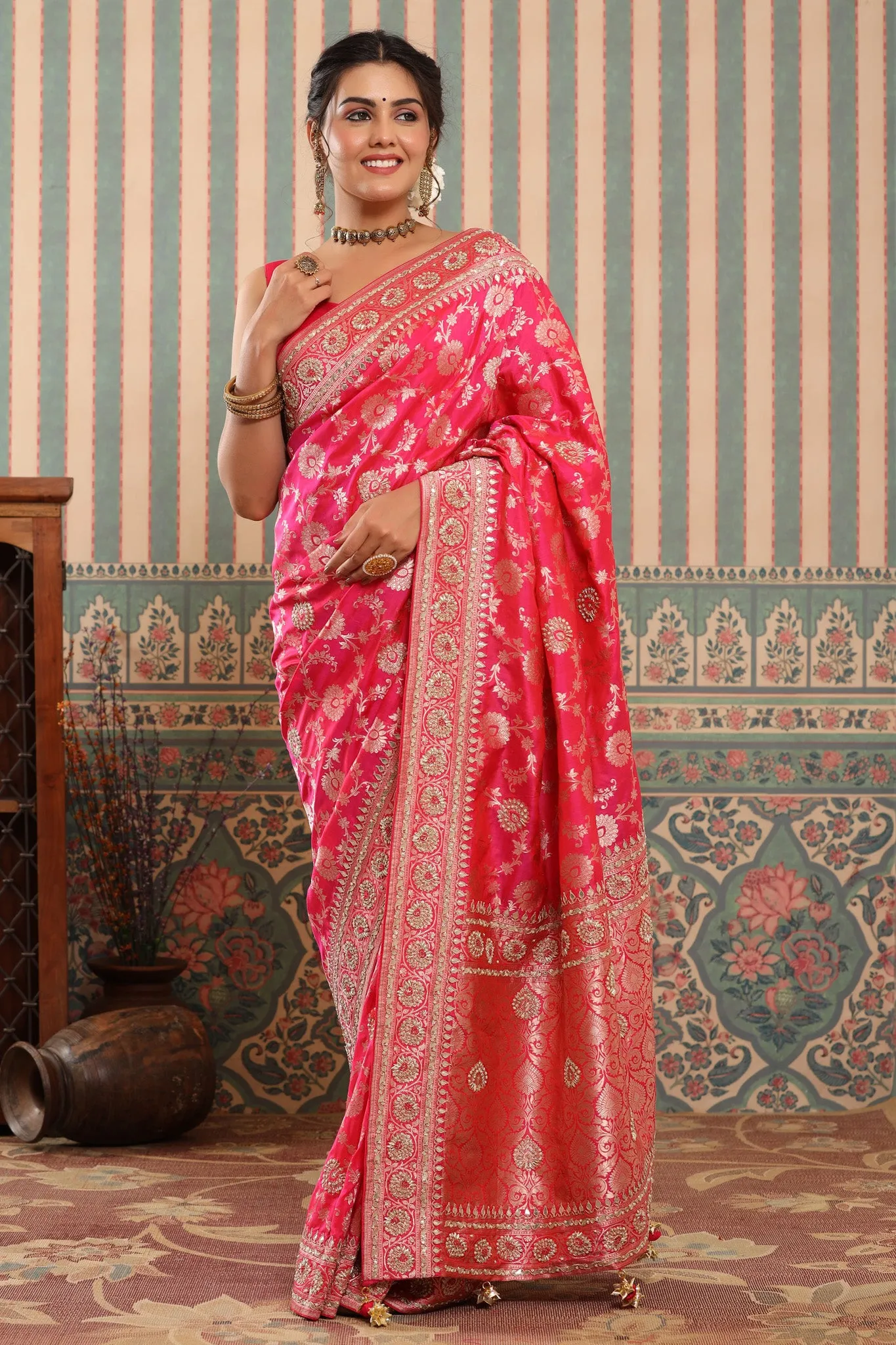 90Z644-NRO Bright Pink Banarasi Saree with Embroidered Border