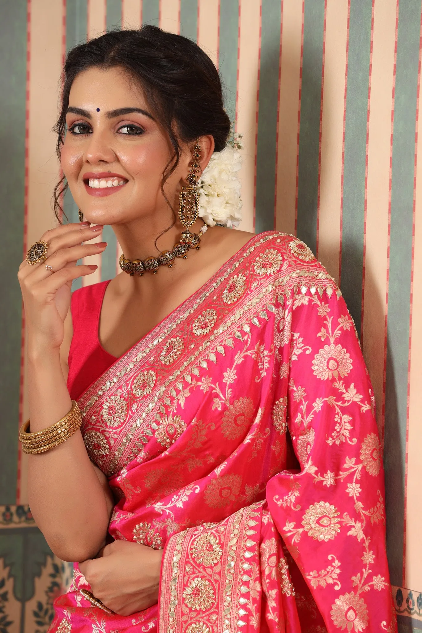 90Z644-NRO Bright Pink Banarasi Saree with Embroidered Border