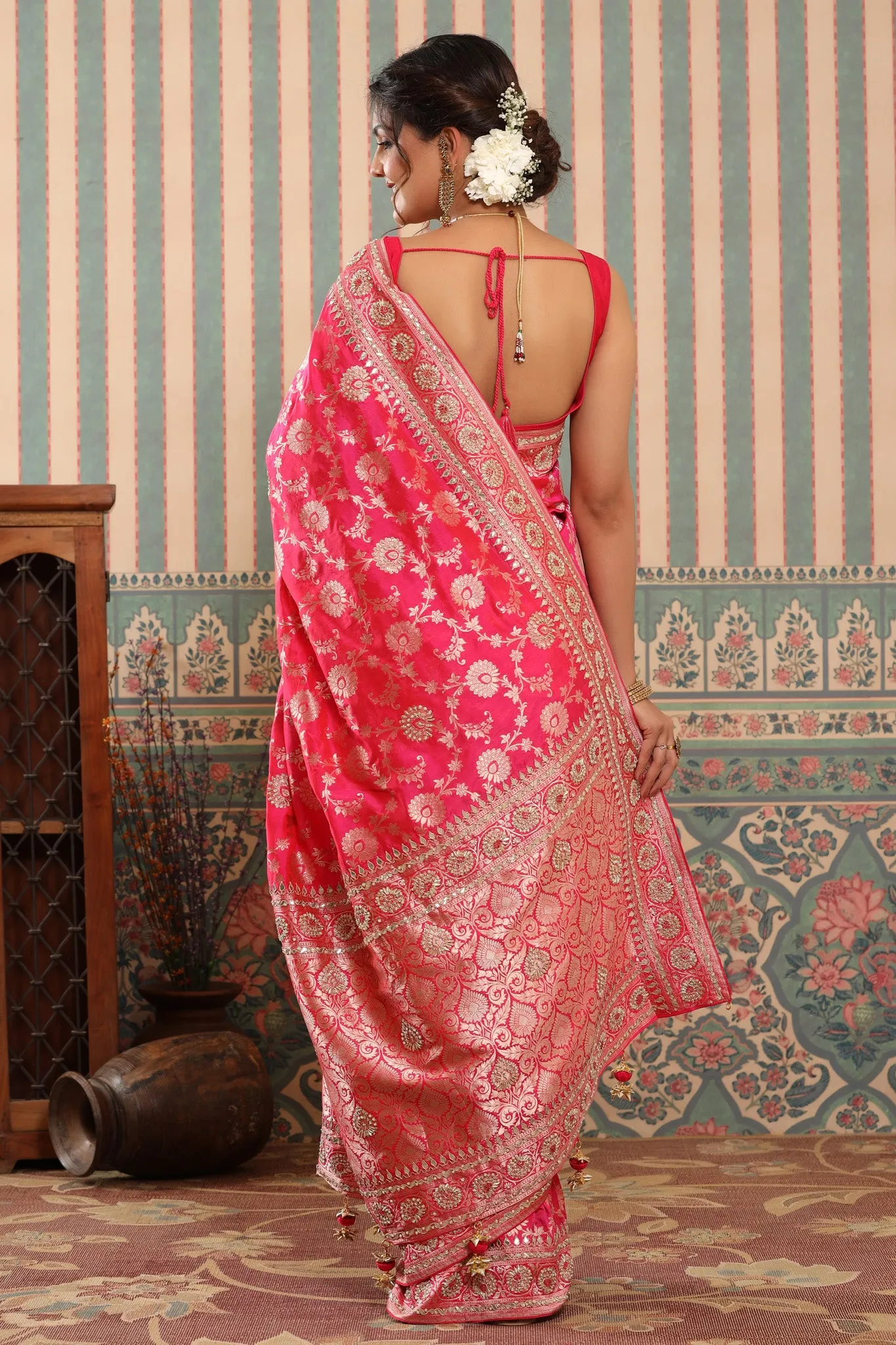 90Z644-NRO Bright Pink Banarasi Saree with Embroidered Border