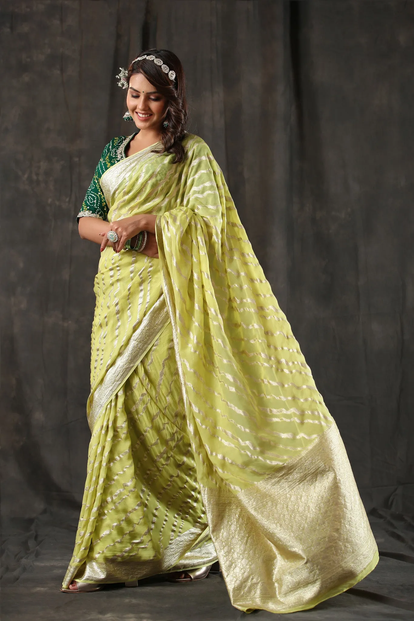 90Z813-RO Lemon Yellow Georgette Banarasi Saree with Zari Stripes