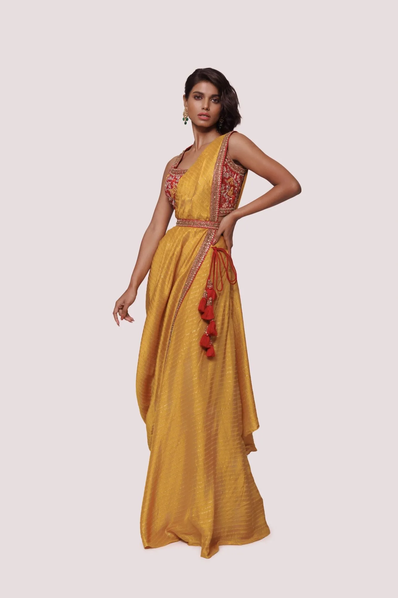 90Z893-RO Mustard Pre Stiched Saree Set With Thread Embroidery