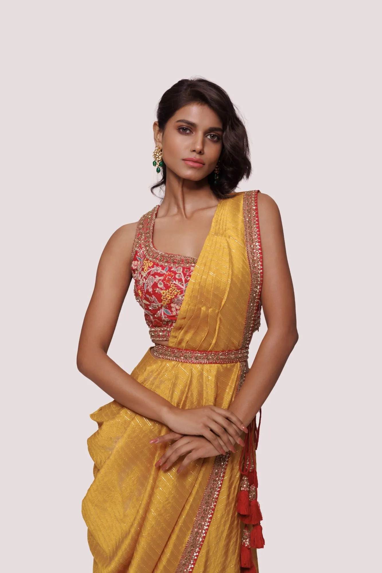 90Z893-RO Mustard Pre Stiched Saree Set With Thread Embroidery