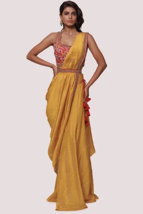 90Z893-RO Mustard Pre Stiched Saree Set With Thread Embroidery