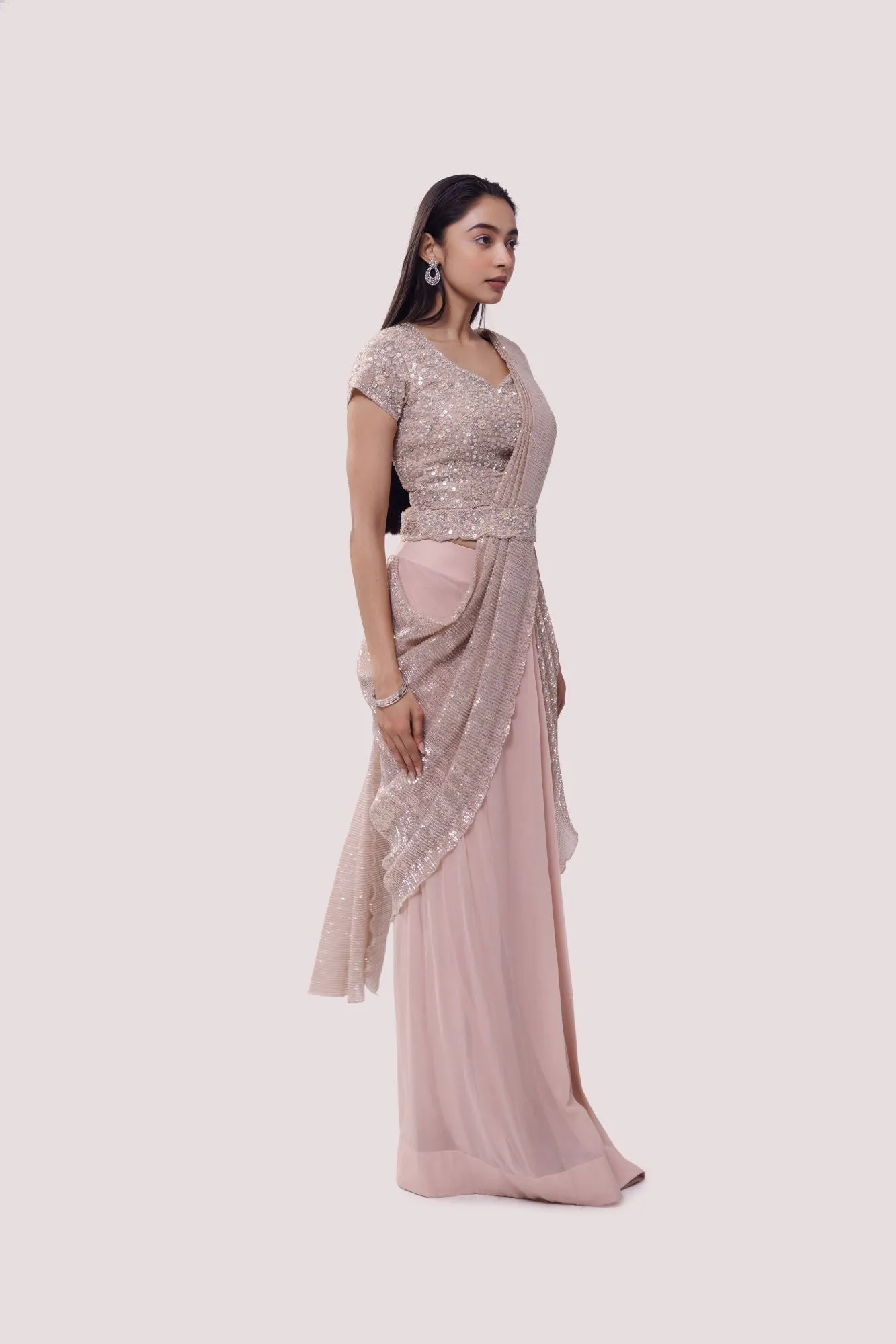 90Z911-RO Pink Georgette Sequin Embroidered Saree Set