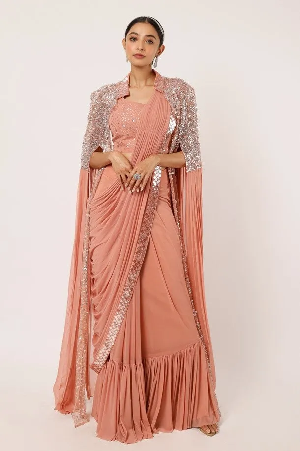 90Z933-RO Pink Darpe Saree With Statement Sleeved Cape