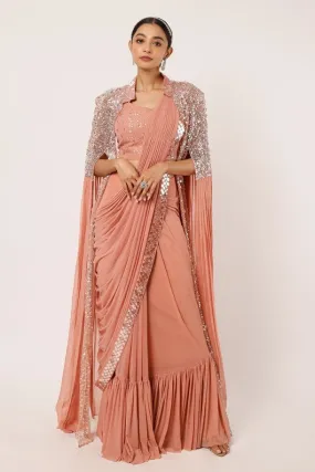 90Z933-RO Pink Darpe Saree With Statement Sleeved Cape