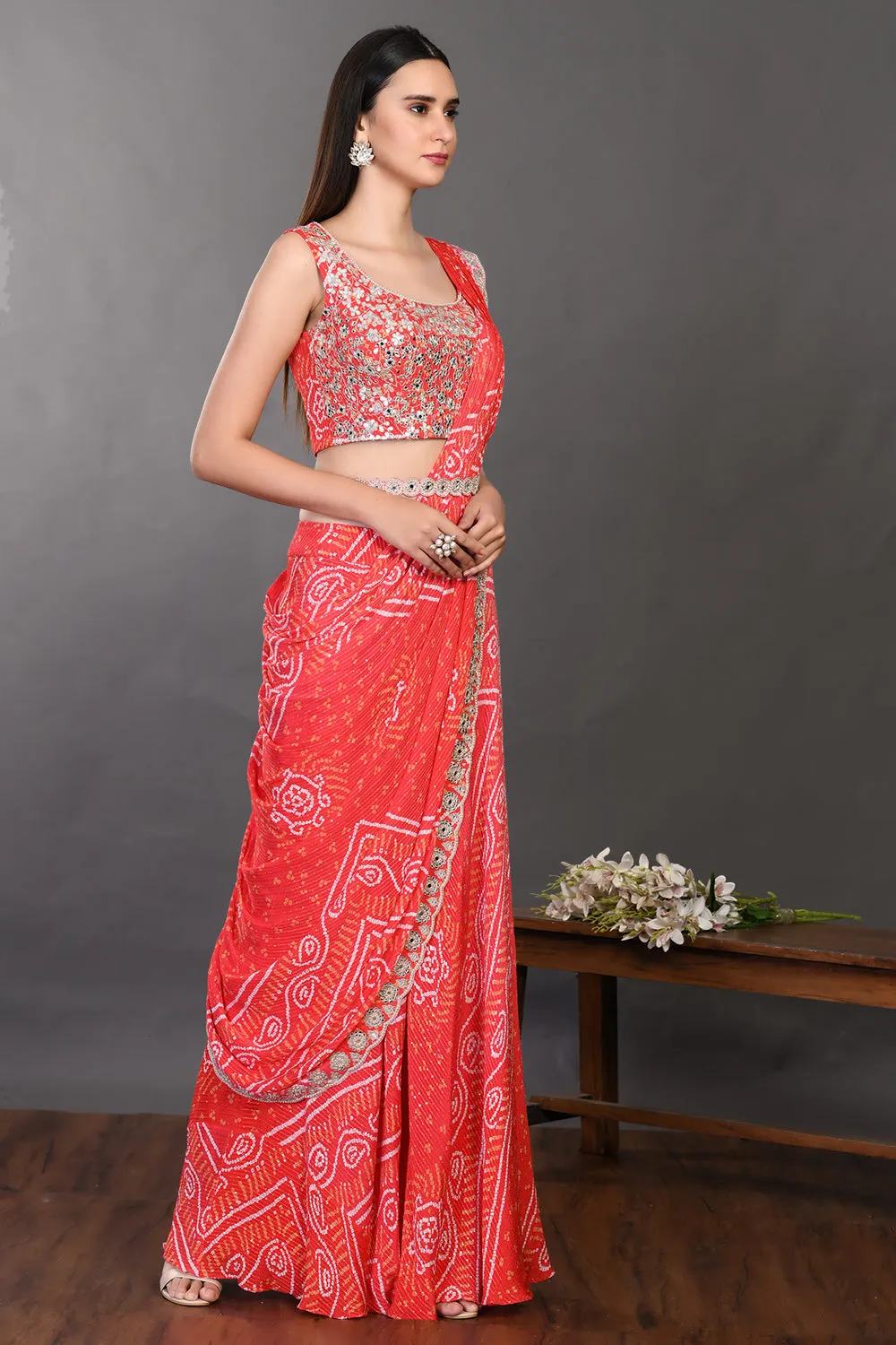 90Z939-RO Red Embroidered Drape Saree Set