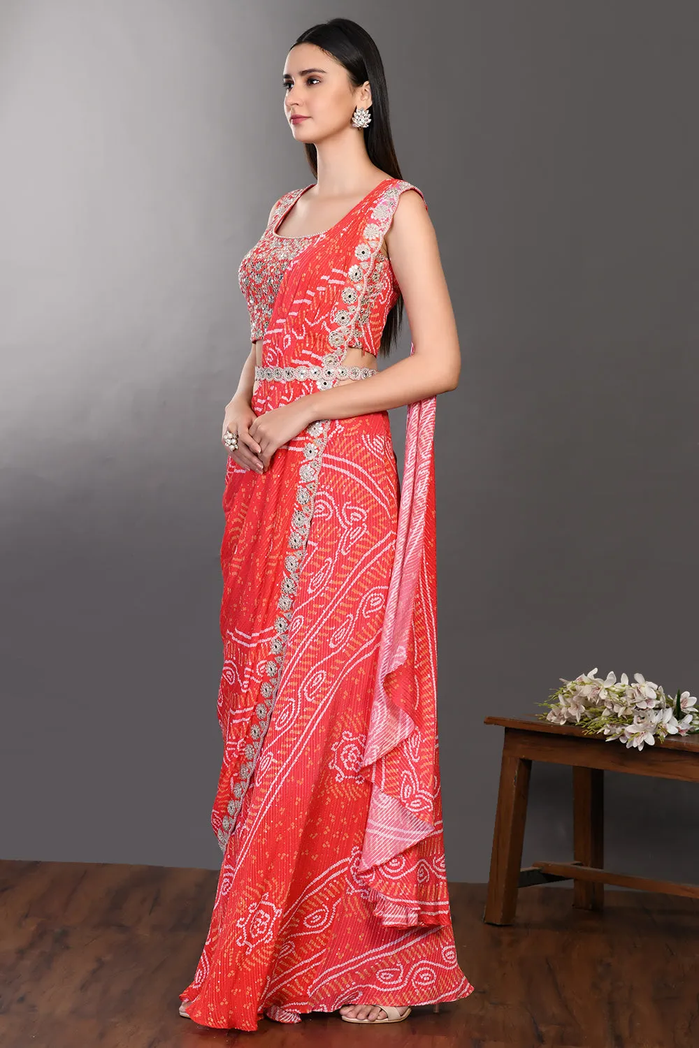 90Z939-RO Red Embroidered Drape Saree Set