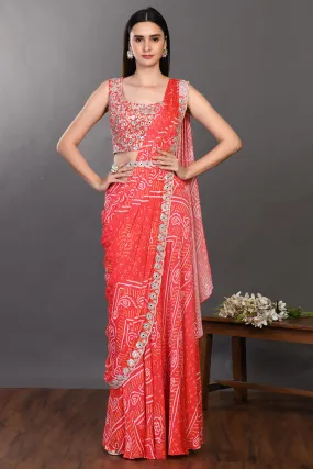 90Z939-RO Red Embroidered Drape Saree Set