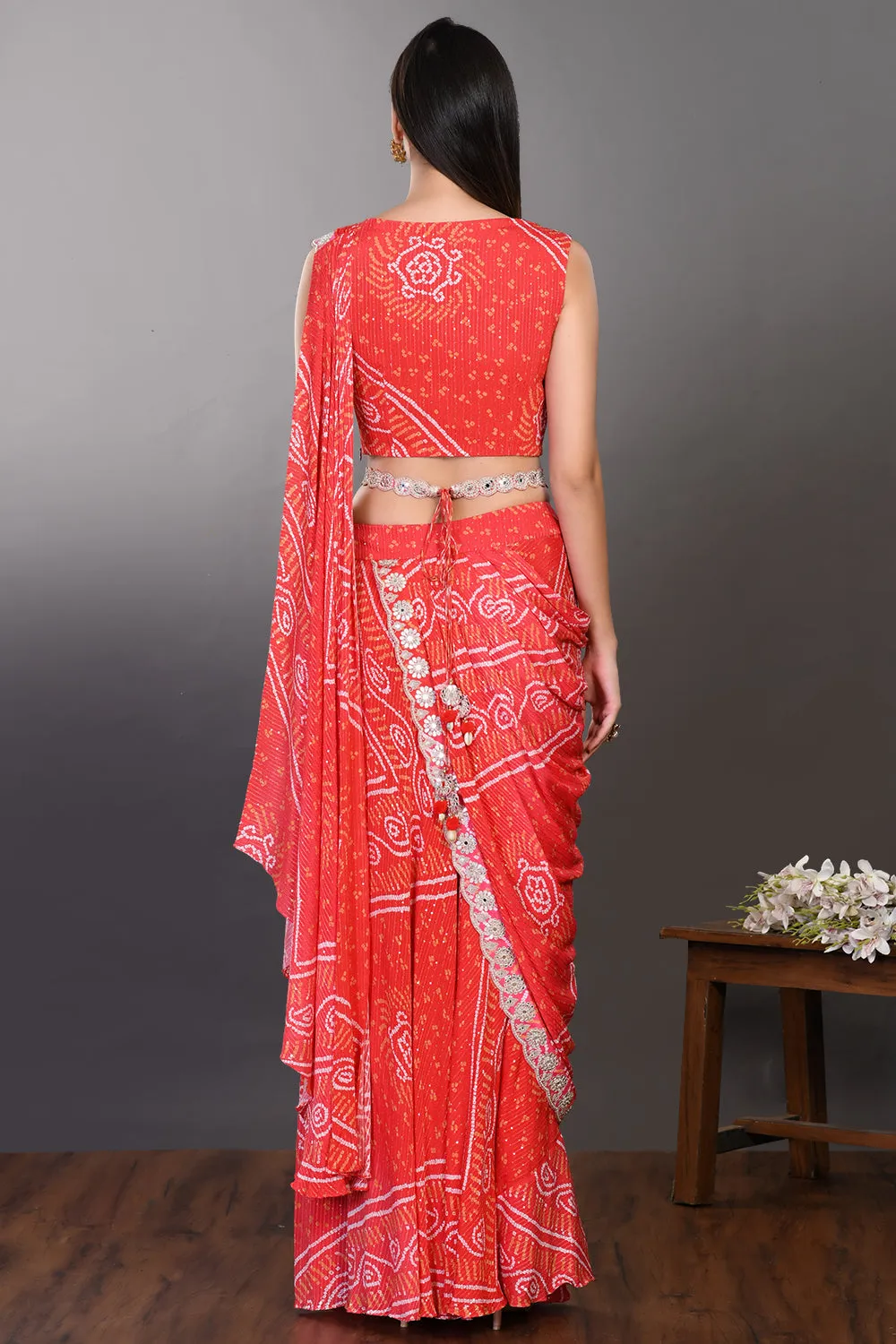 90Z939-RO Red Embroidered Drape Saree Set