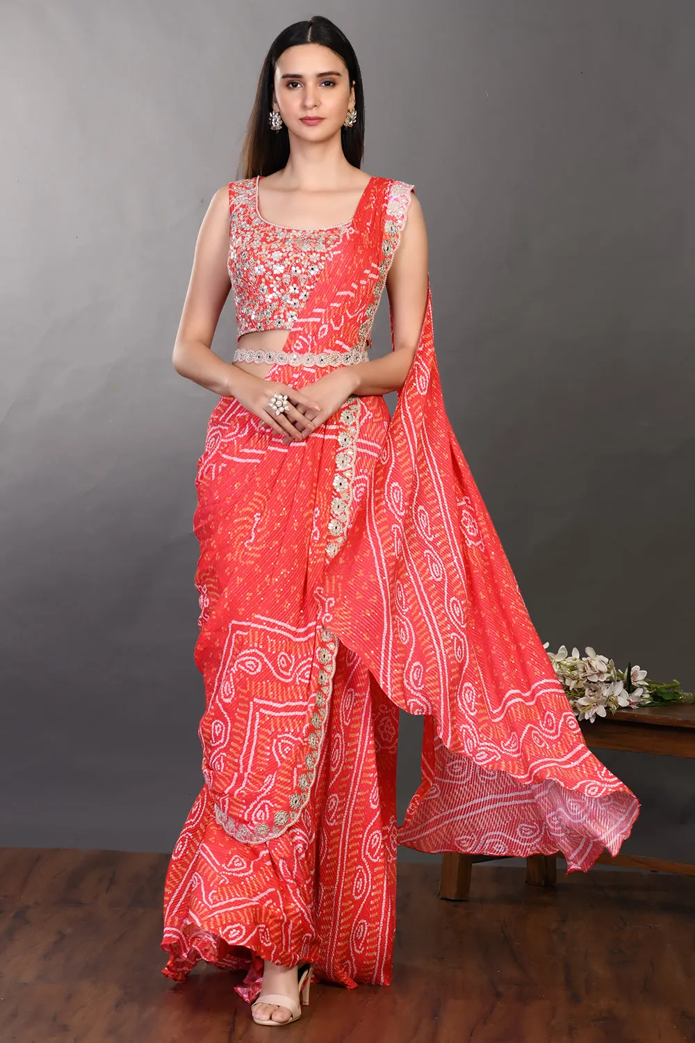 90Z939-RO Red Embroidered Drape Saree Set