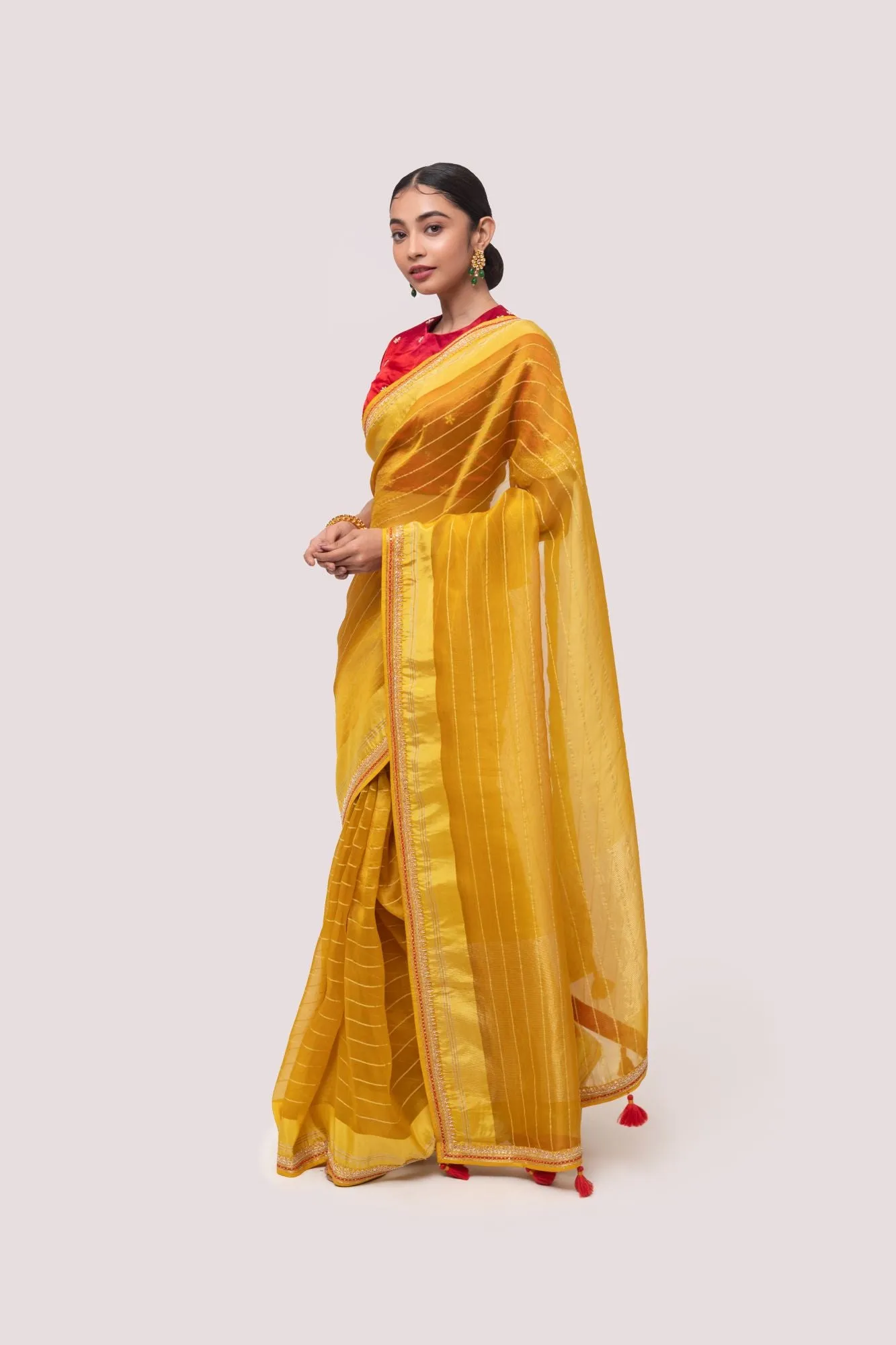 90Z975-RO Mustard Handloom Saree With Red Silk Blouse