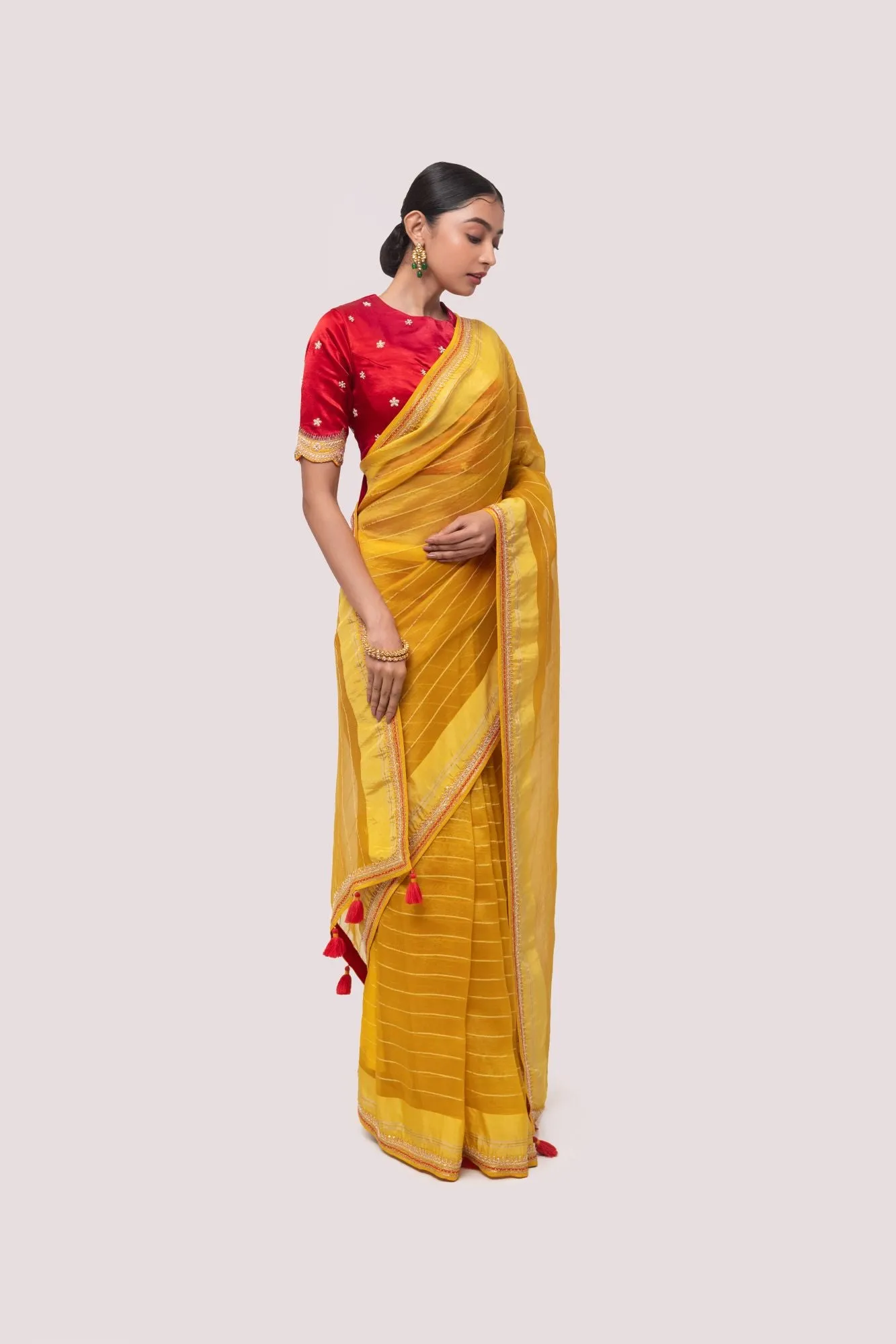 90Z975-RO Mustard Handloom Saree With Red Silk Blouse