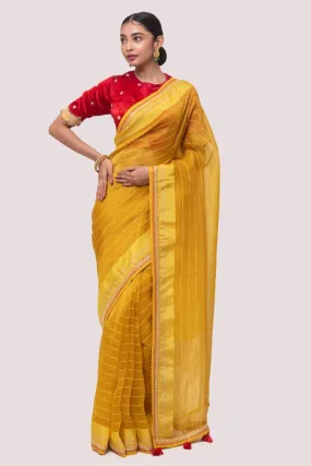 90Z975-RO Mustard Handloom Saree With Red Silk Blouse