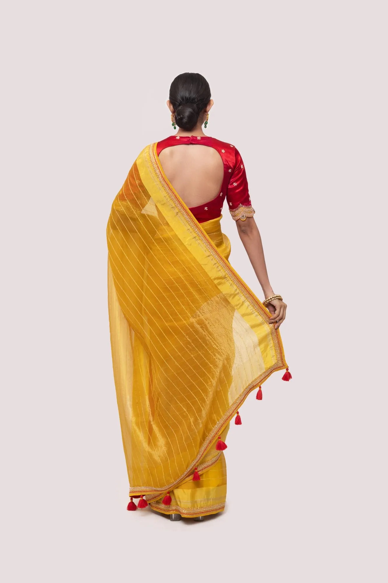 90Z975-RO Mustard Handloom Saree With Red Silk Blouse