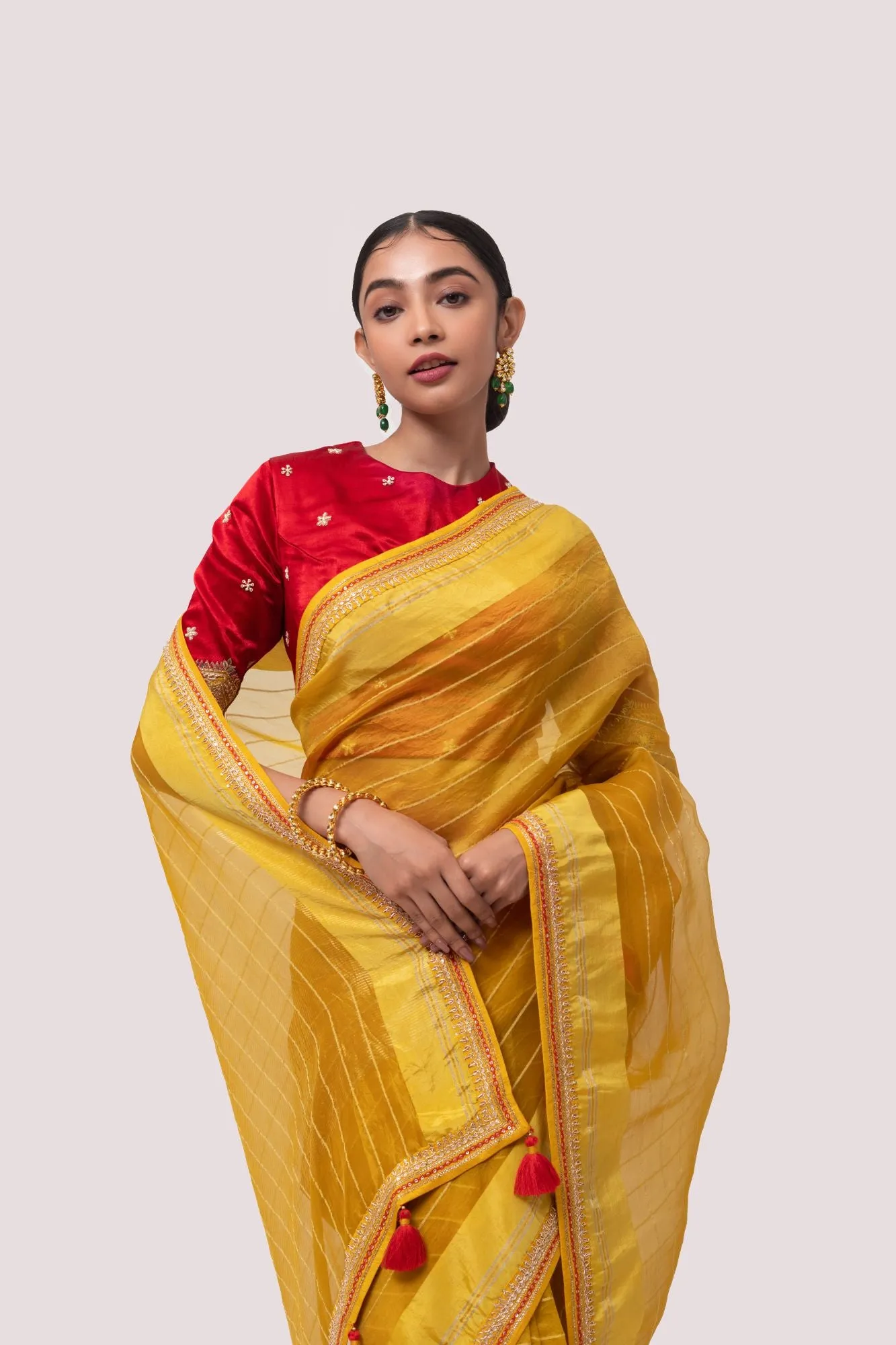 90Z975-RO Mustard Handloom Saree With Red Silk Blouse