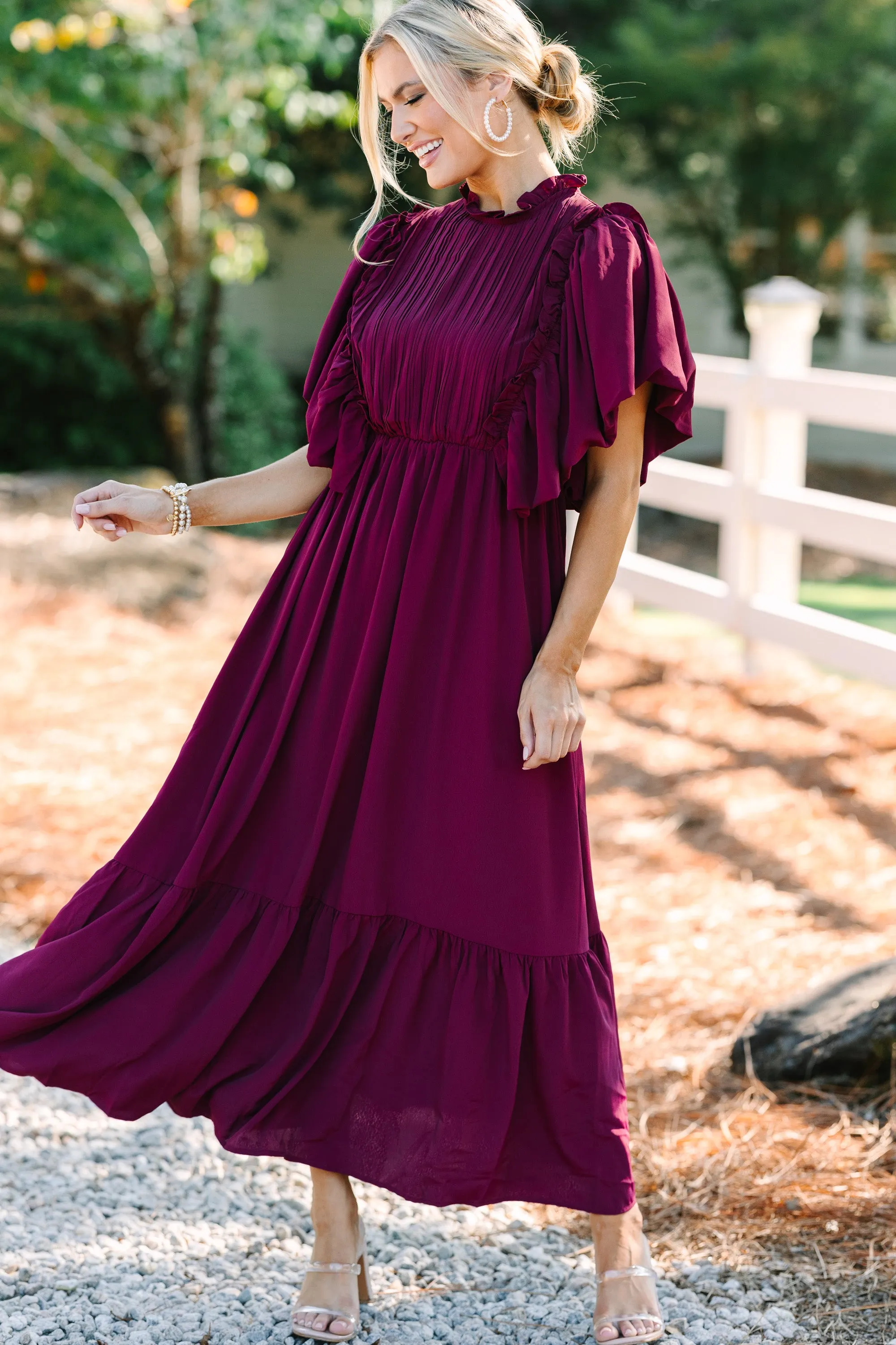 All The Good Burgundy Red Ruffled Midi Dress