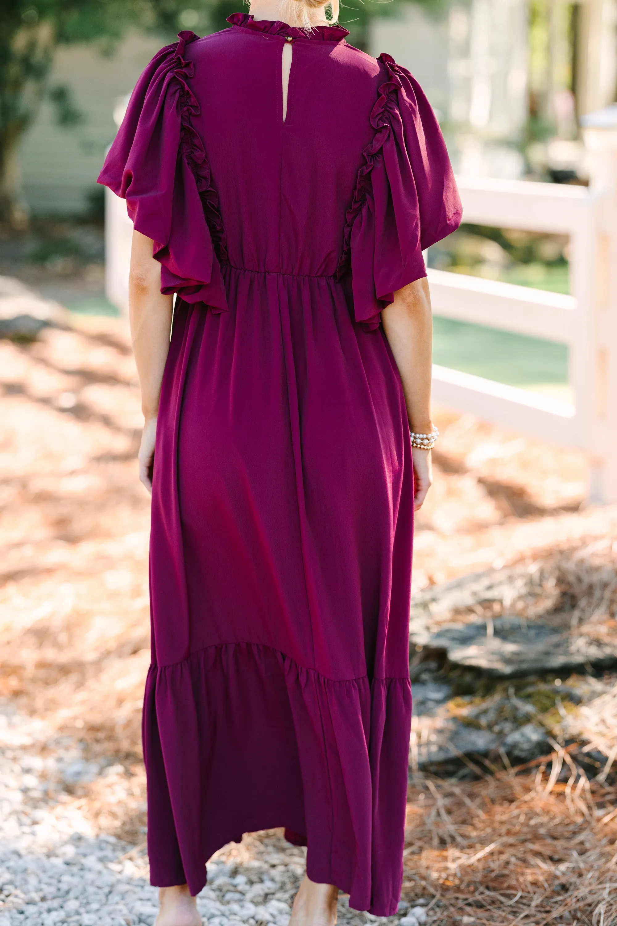 All The Good Burgundy Red Ruffled Midi Dress