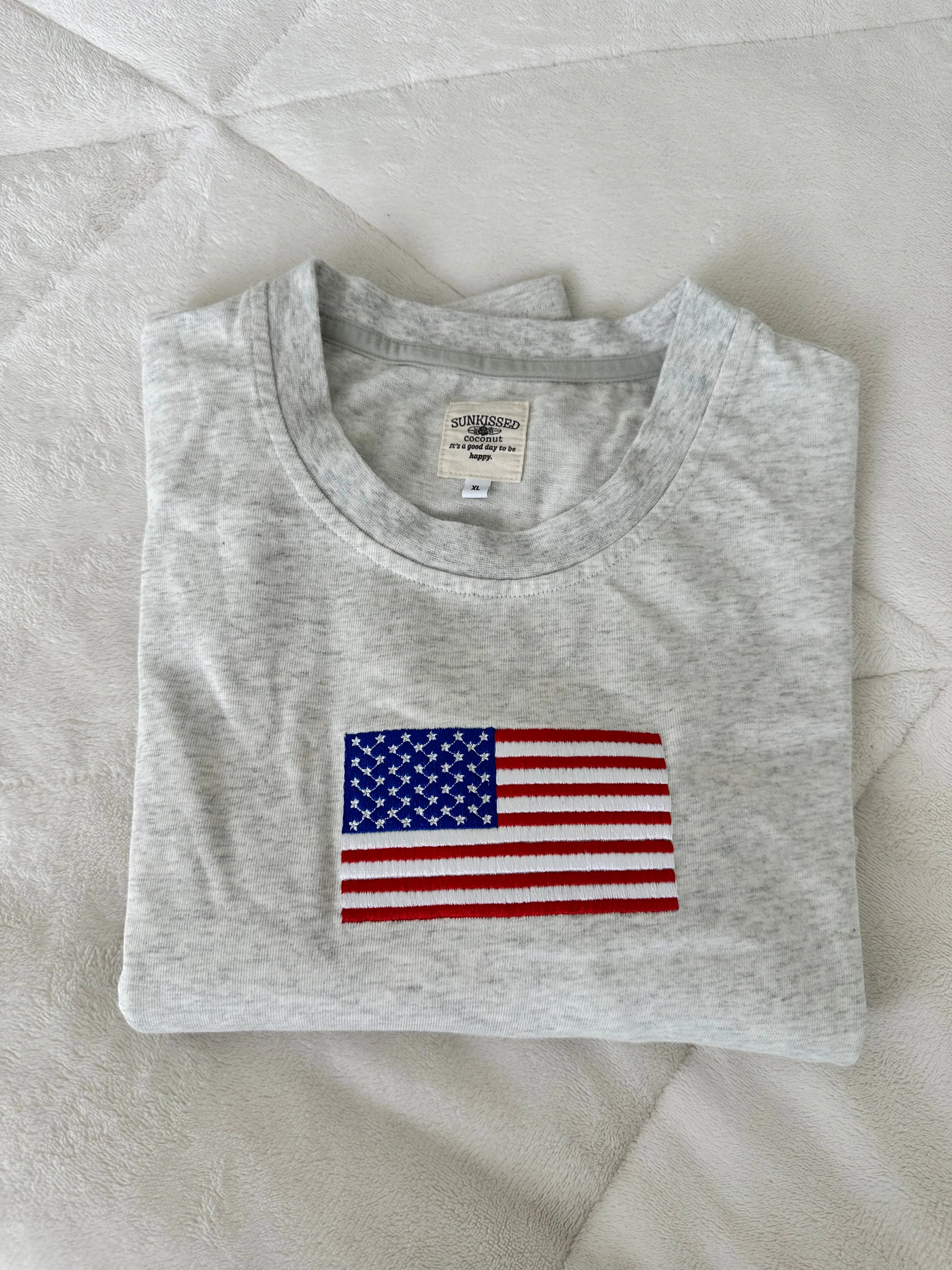 American Flag Embroider Tee (Natural Grey)