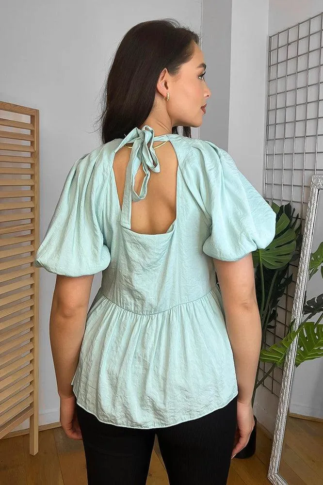 Aqua Crepe Fabric Lantern Sleeves Blouse