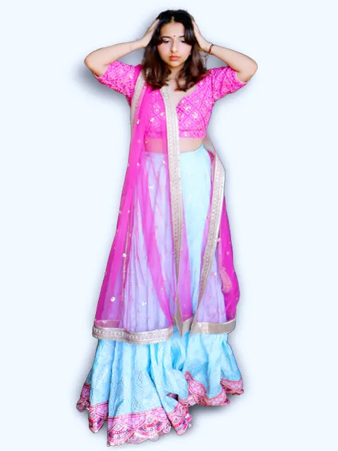 Beautiful Sky Blue And Pink Lehenga Choli Is A Perfect Combination Of Tradition And Style