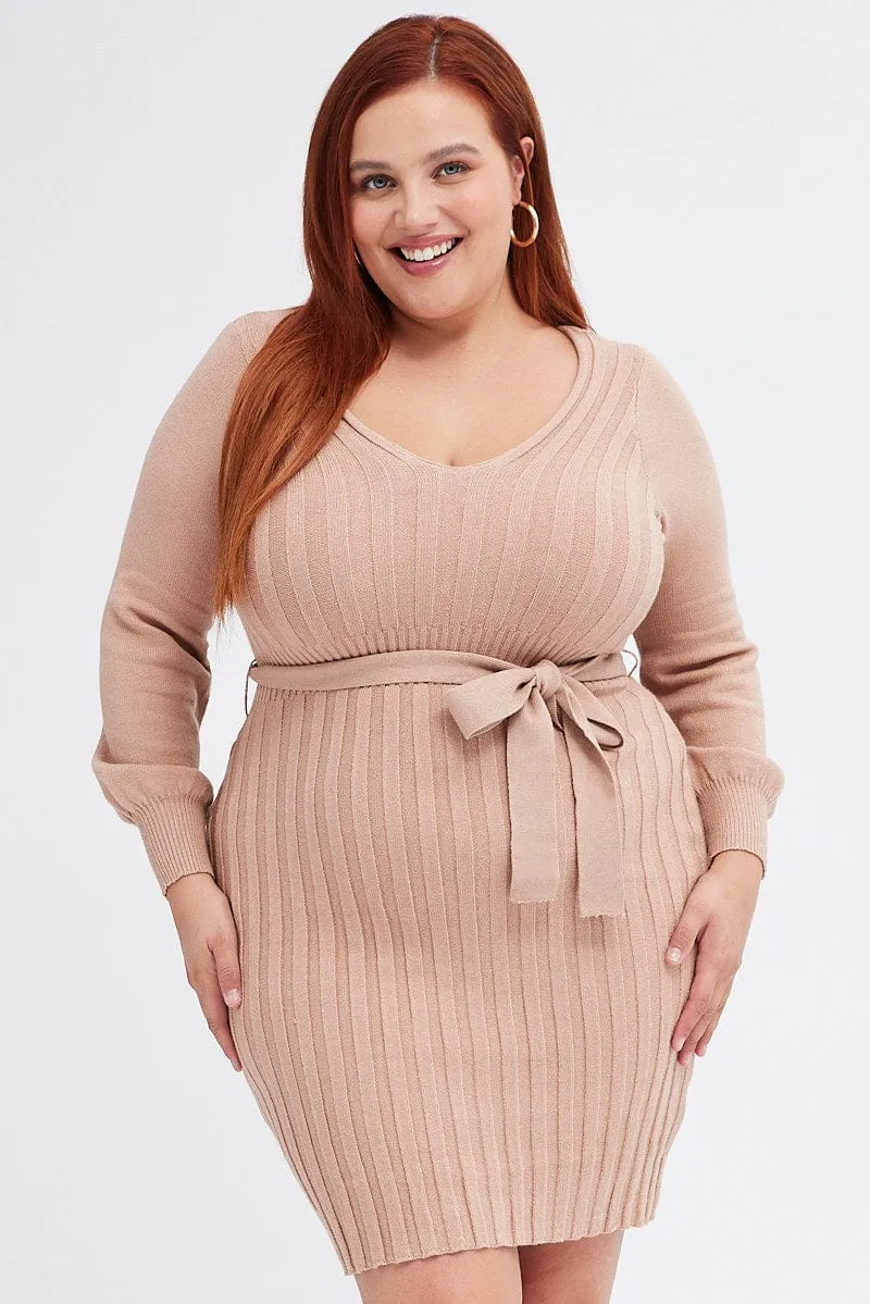 Beige Knit Dress Long Sleeve Wide Rib Belted