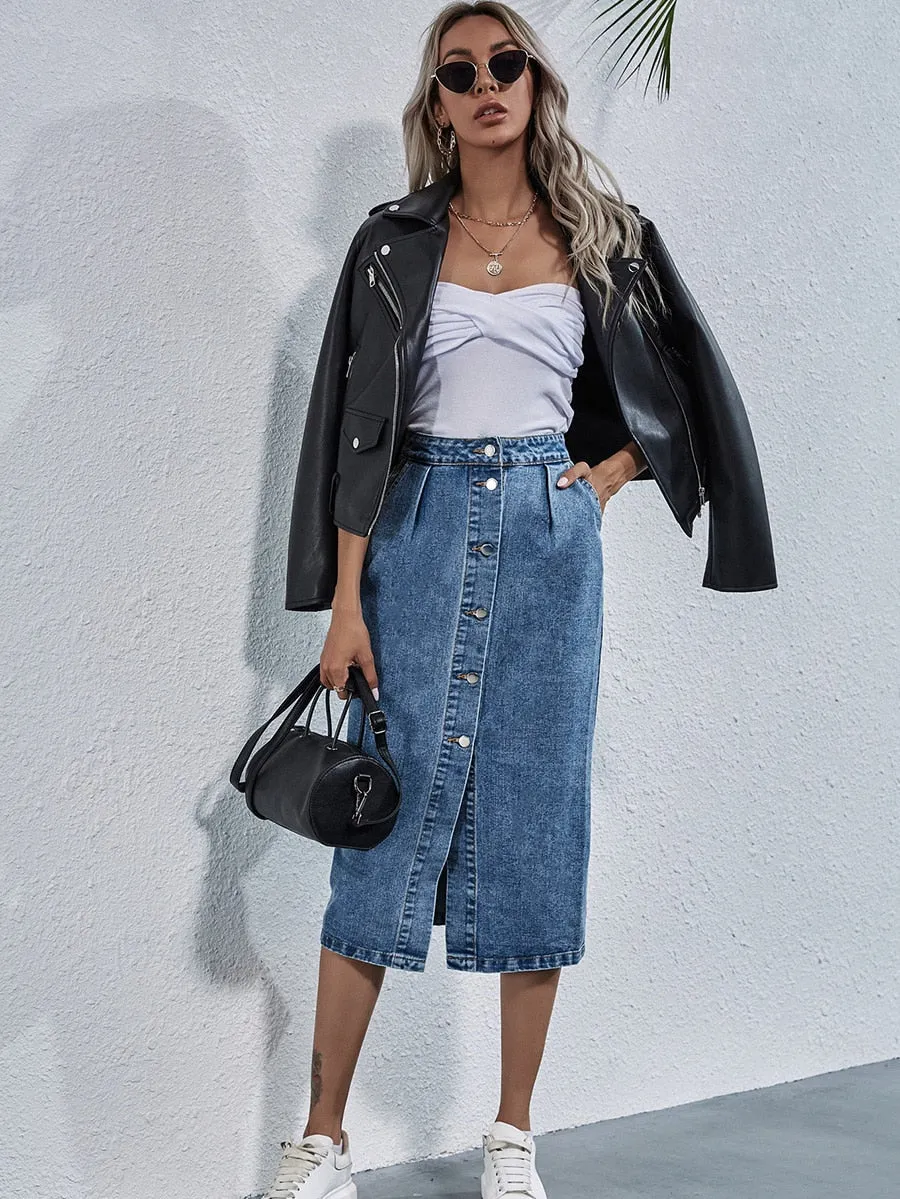 BerriesJam - 2024 Single Breasted Knee Length Denim Skirt