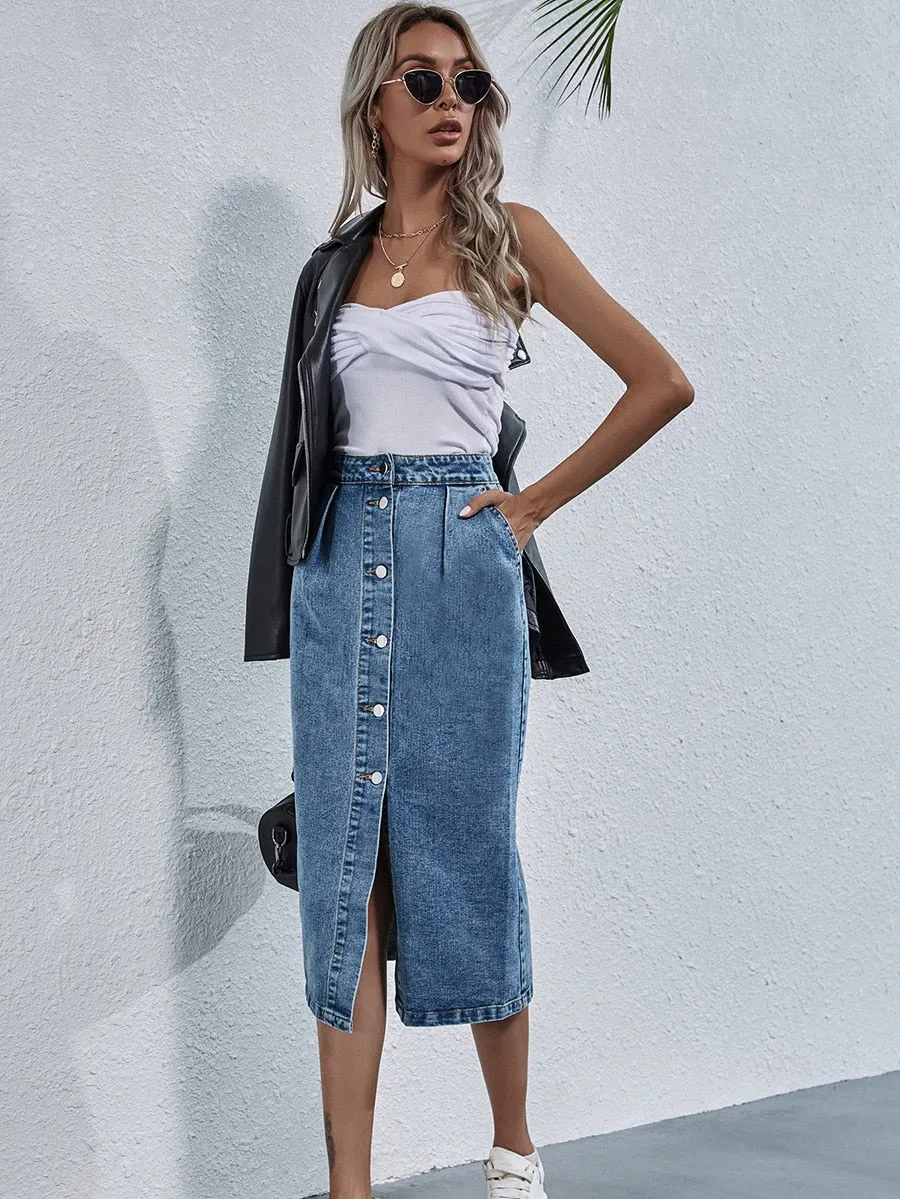 BerriesJam - 2024 Single Breasted Knee Length Denim Skirt