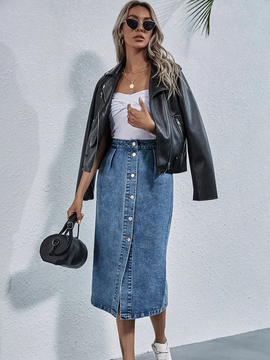 BerriesJam - 2024 Single Breasted Knee Length Denim Skirt