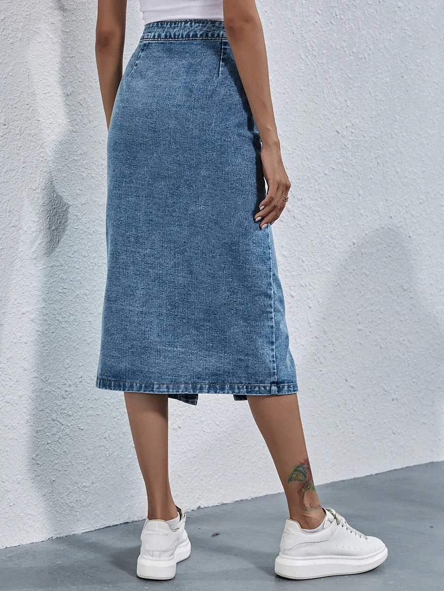 BerriesJam - 2024 Single Breasted Knee Length Denim Skirt