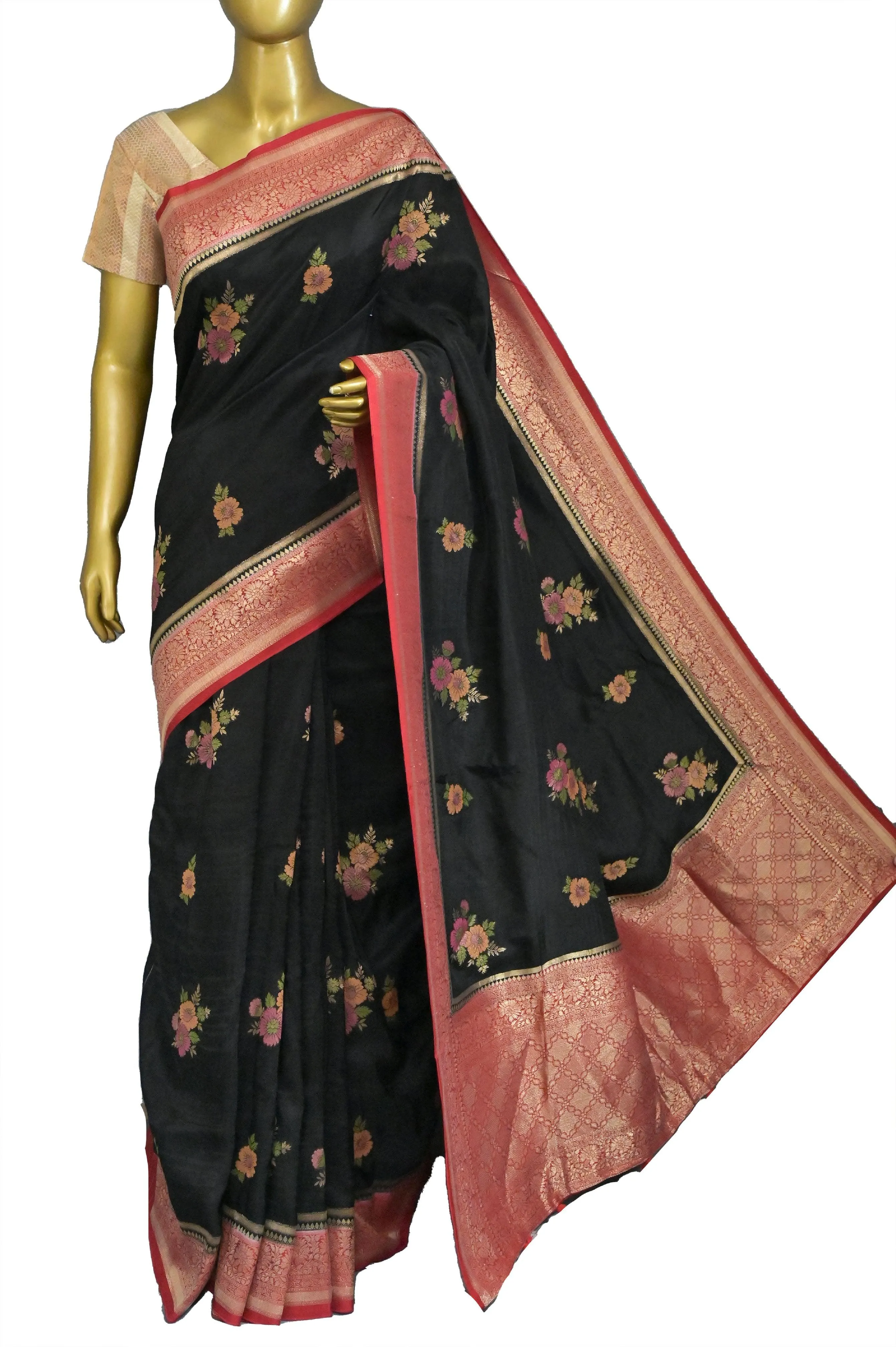 Black and Red Color Muga Banarasi with Allover Meenakari Buta and Golden Zari Border