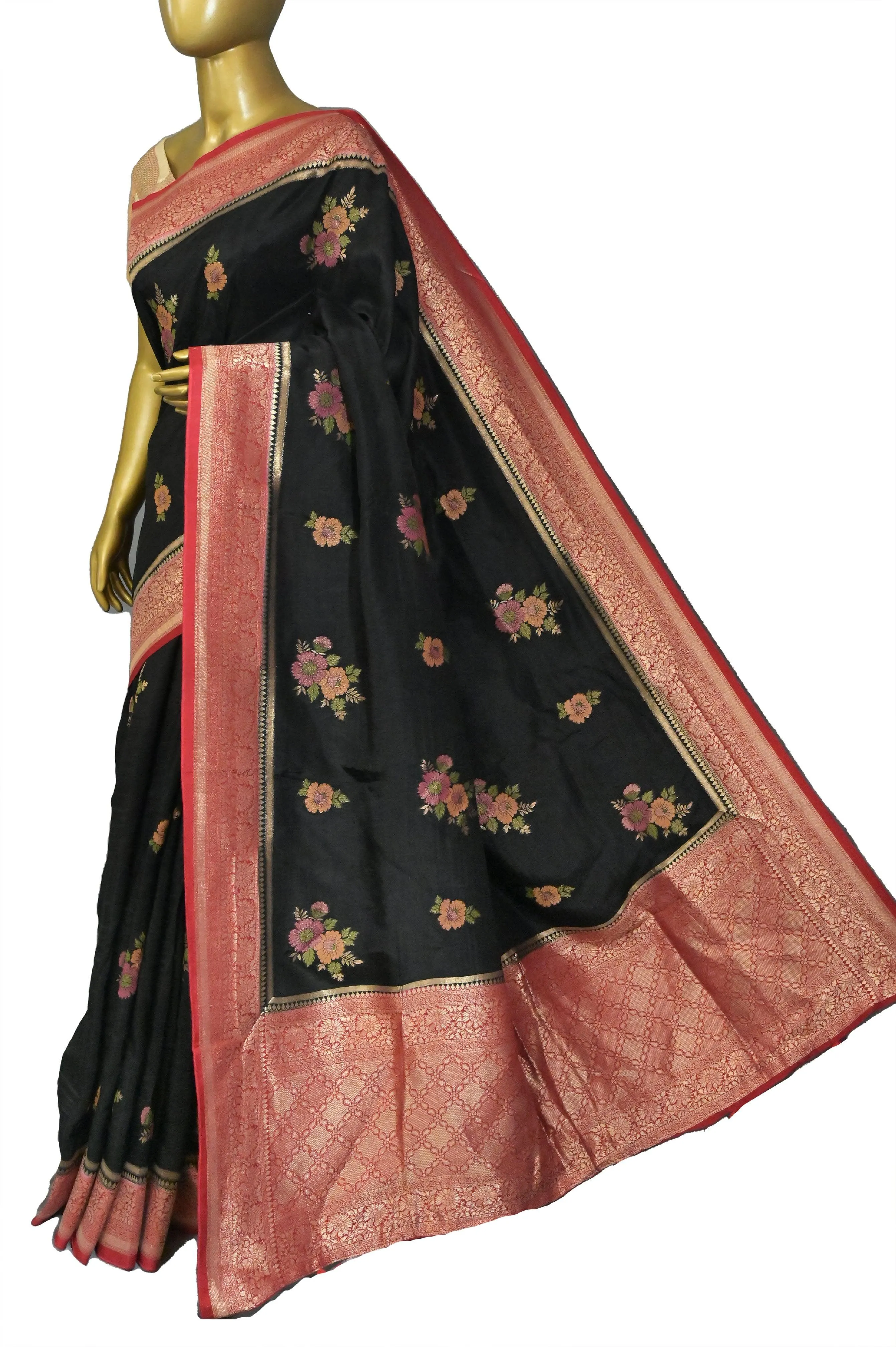 Black and Red Color Muga Banarasi with Allover Meenakari Buta and Golden Zari Border