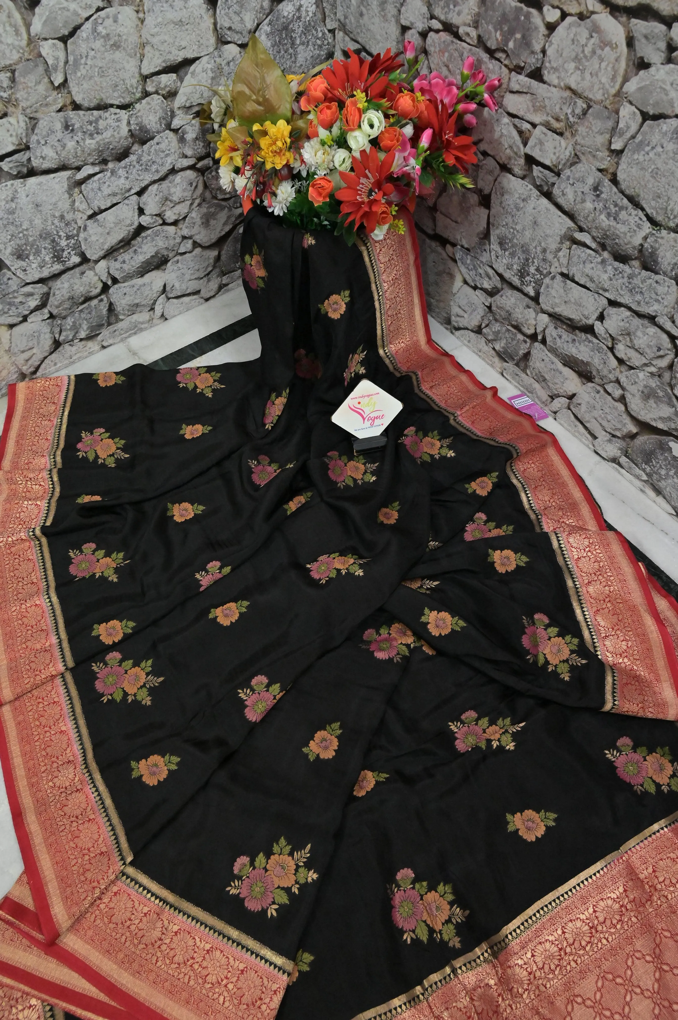 Black and Red Color Muga Banarasi with Allover Meenakari Buta and Golden Zari Border