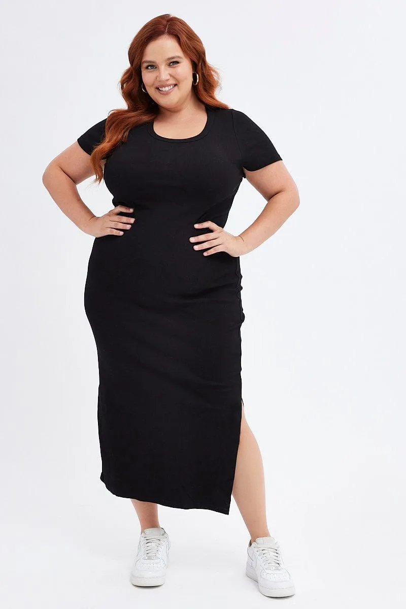 Black Bodycon Dress Short Sleeve Midi Rib