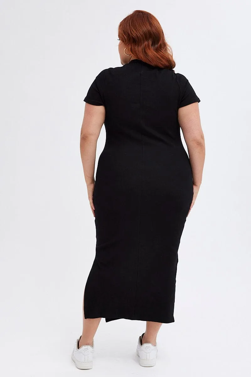 Black Bodycon Dress Short Sleeve Midi Rib