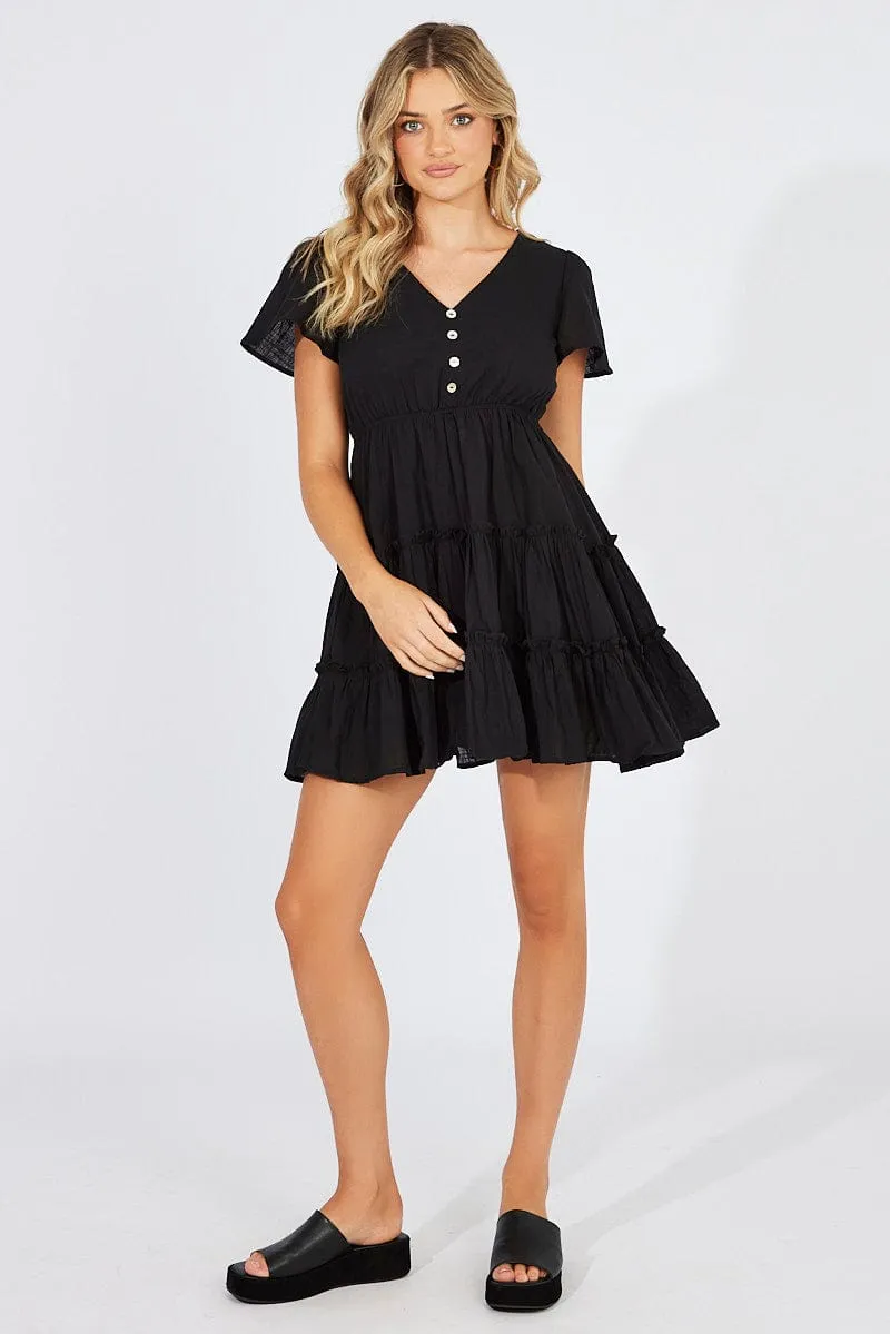 Black Fit And Flare Dress V-neck Mini