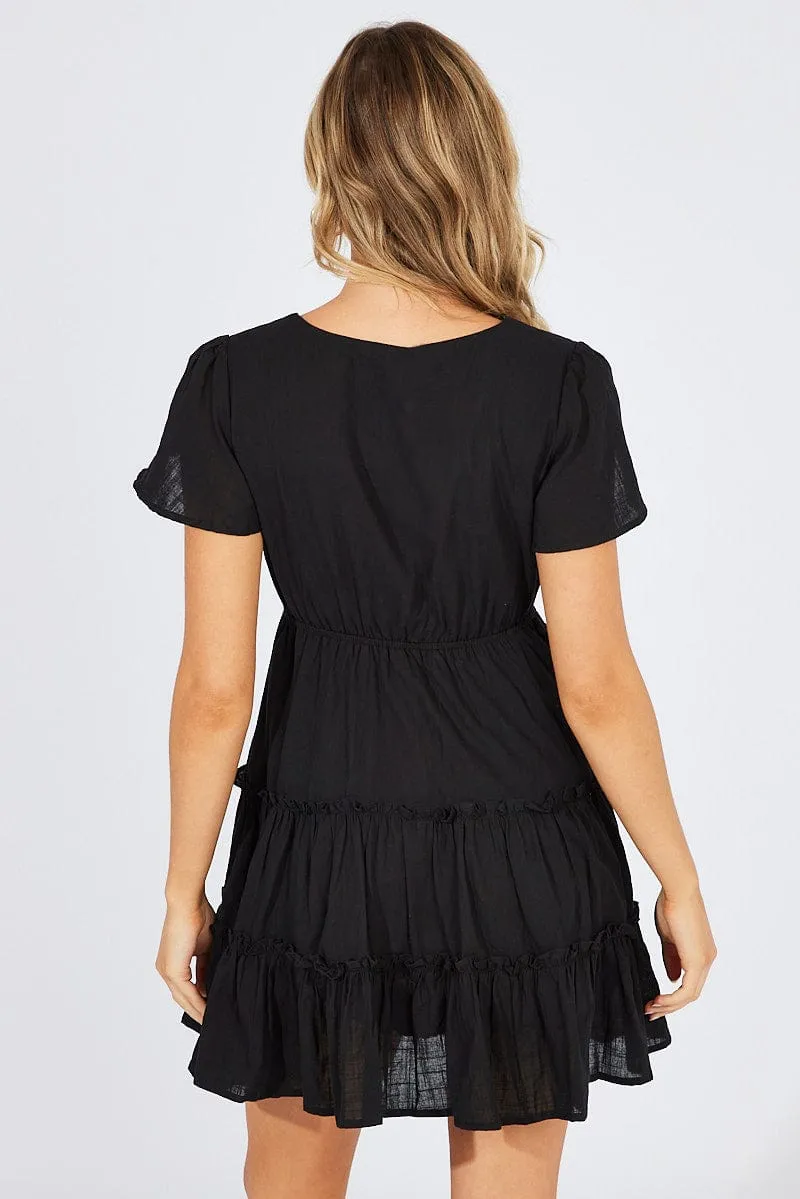 Black Fit And Flare Dress V-neck Mini