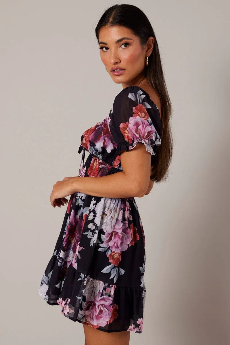 Black Floral Fit And Flare Dress Puff Sleeve Mini