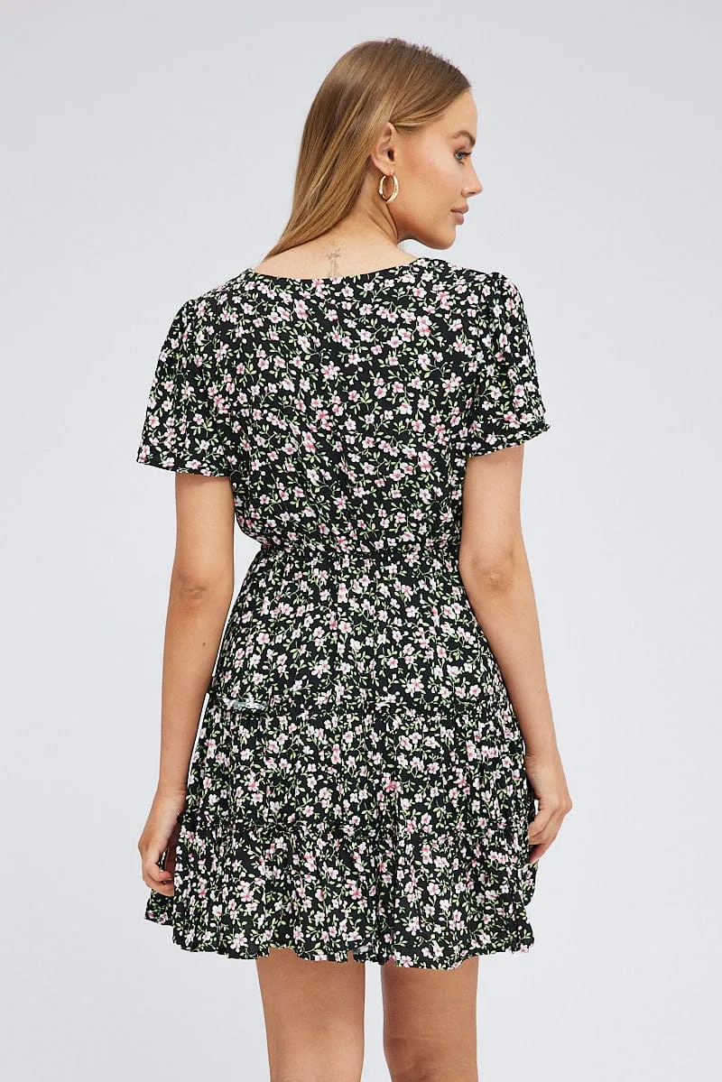 Black Floral Fit And Flare Dress Short Sleeve Mini