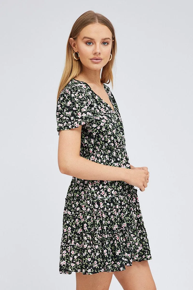 Black Floral Fit And Flare Dress Short Sleeve Mini