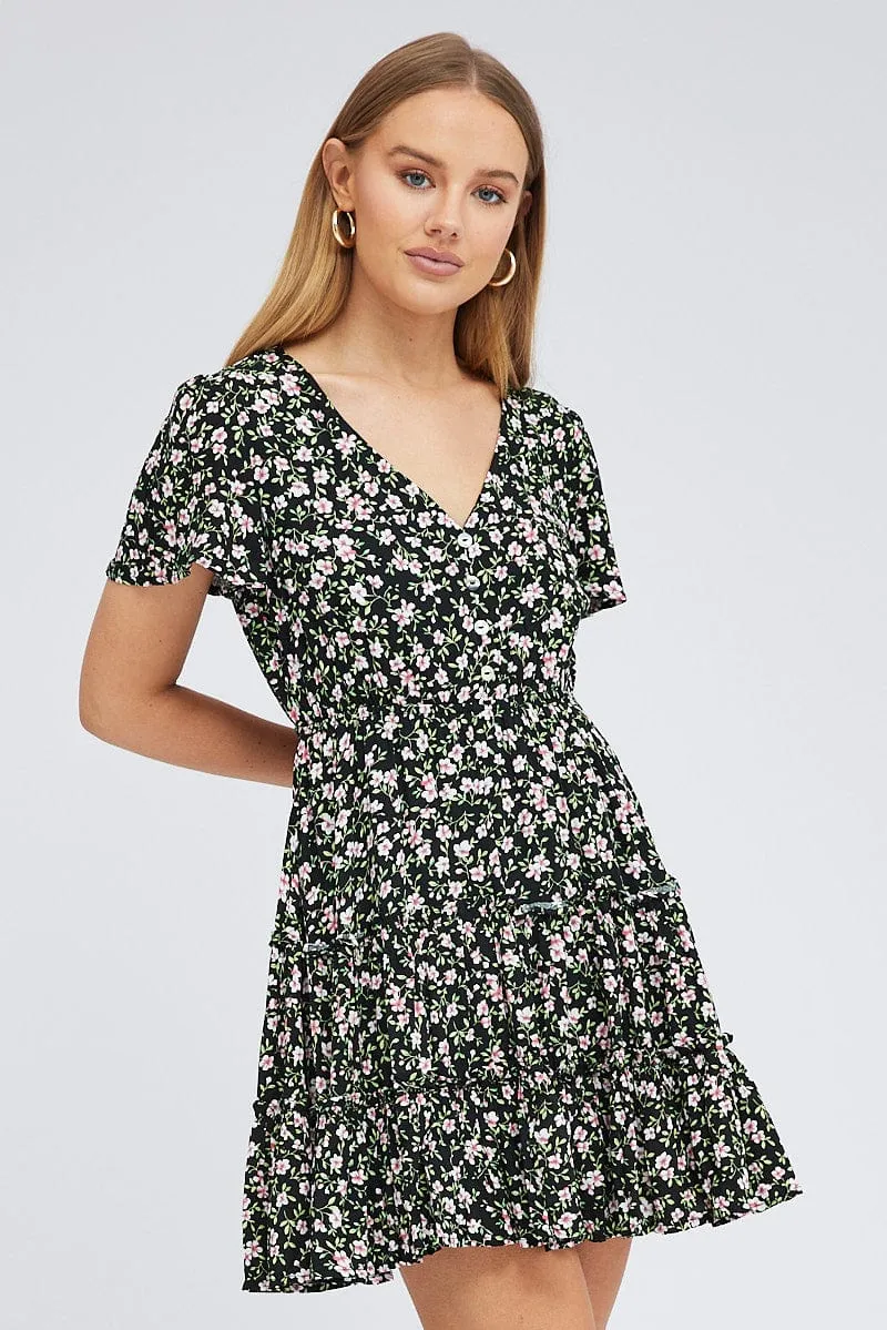 Black Floral Fit And Flare Dress Short Sleeve Mini