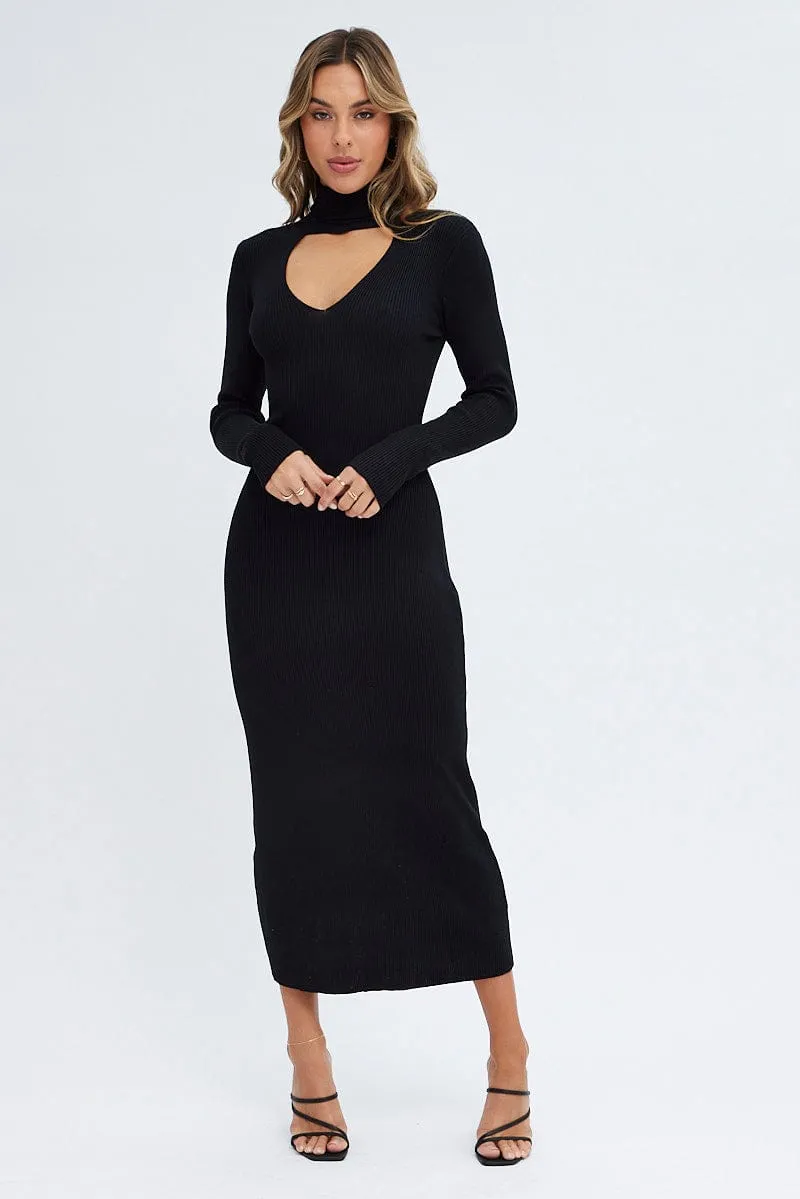 Black Knit Dress Long Sleeve High Neck Cut Out