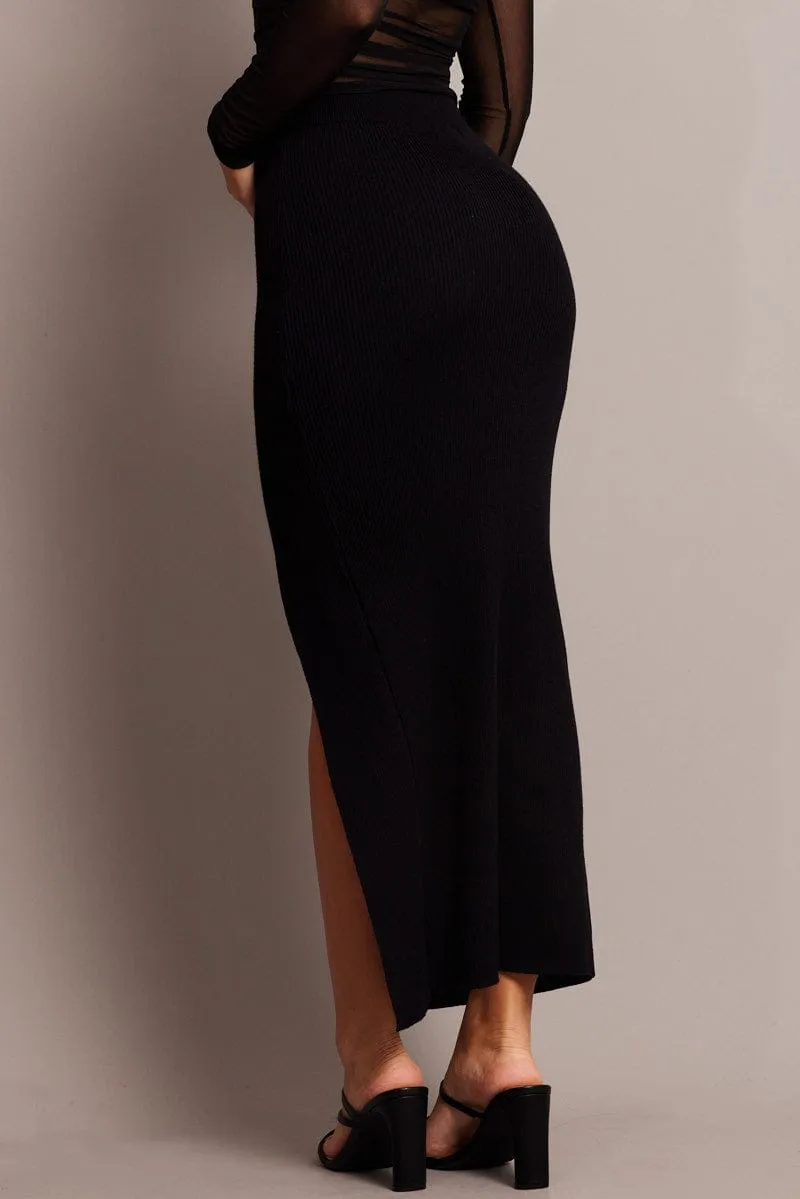 Black Knit Skirt Front Split High Rise