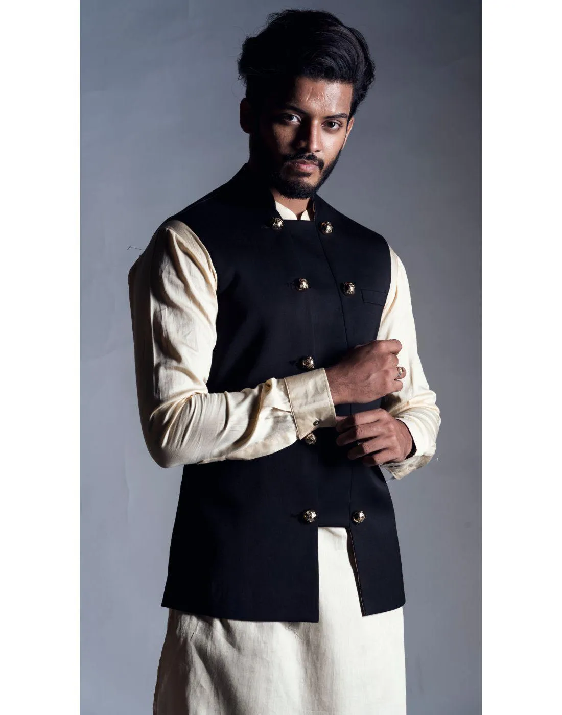 Black Nehru Coat with a Cream Kurta and Trouser - Rent