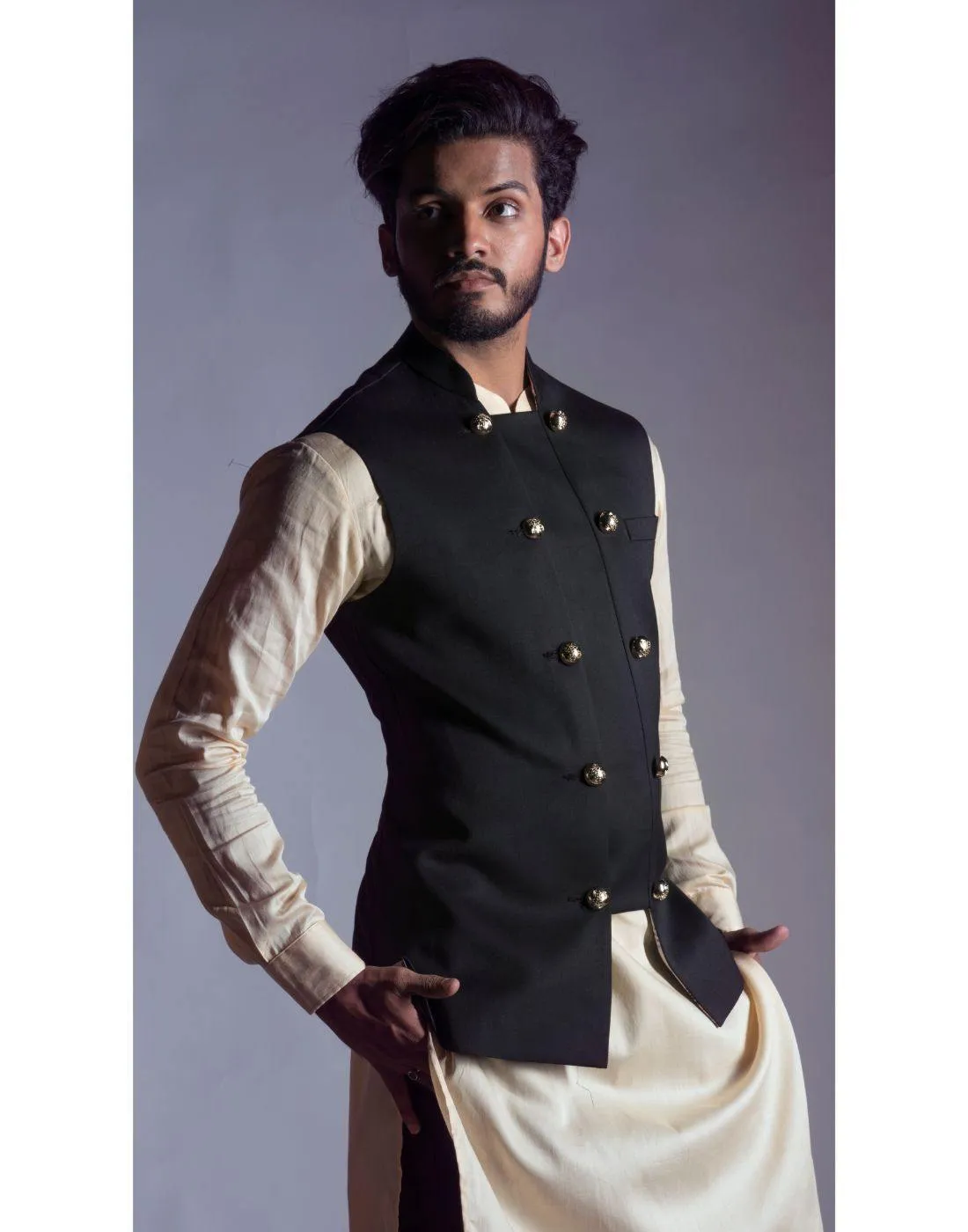 Black Nehru Coat with a Cream Kurta and Trouser - Rent