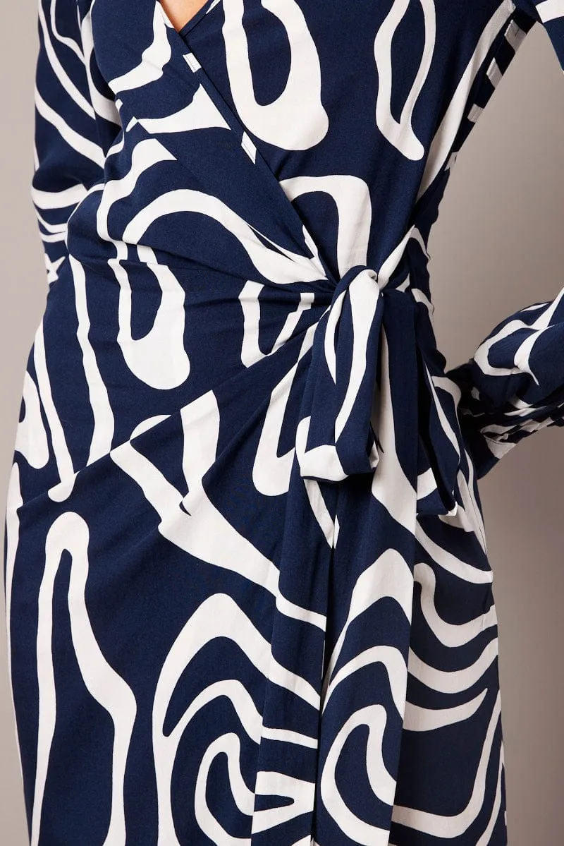 Blue Abstract Wrap Maxi Dress Shirt Dress