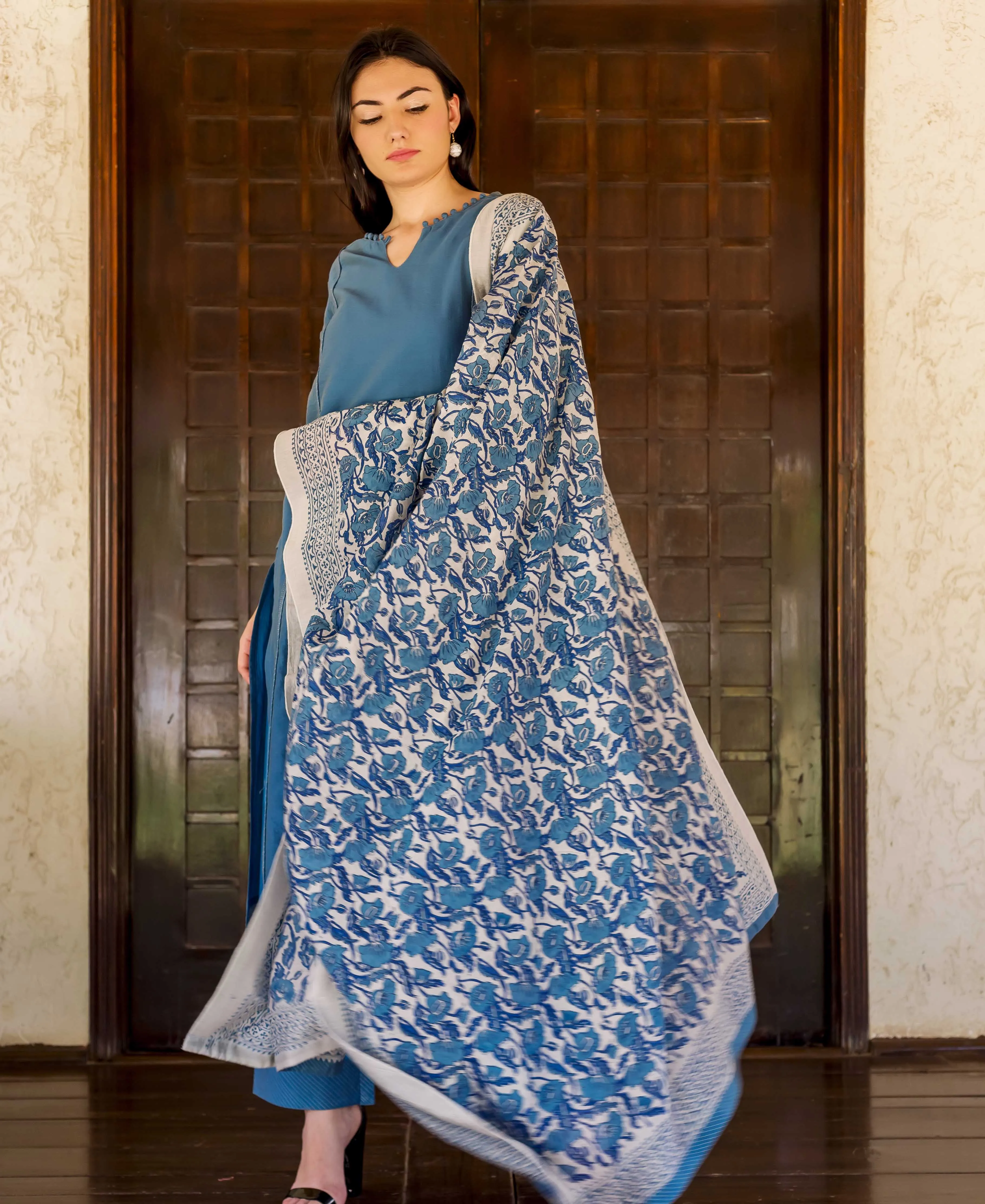 Blue and Grey Block Printed Chanderi Dupatta