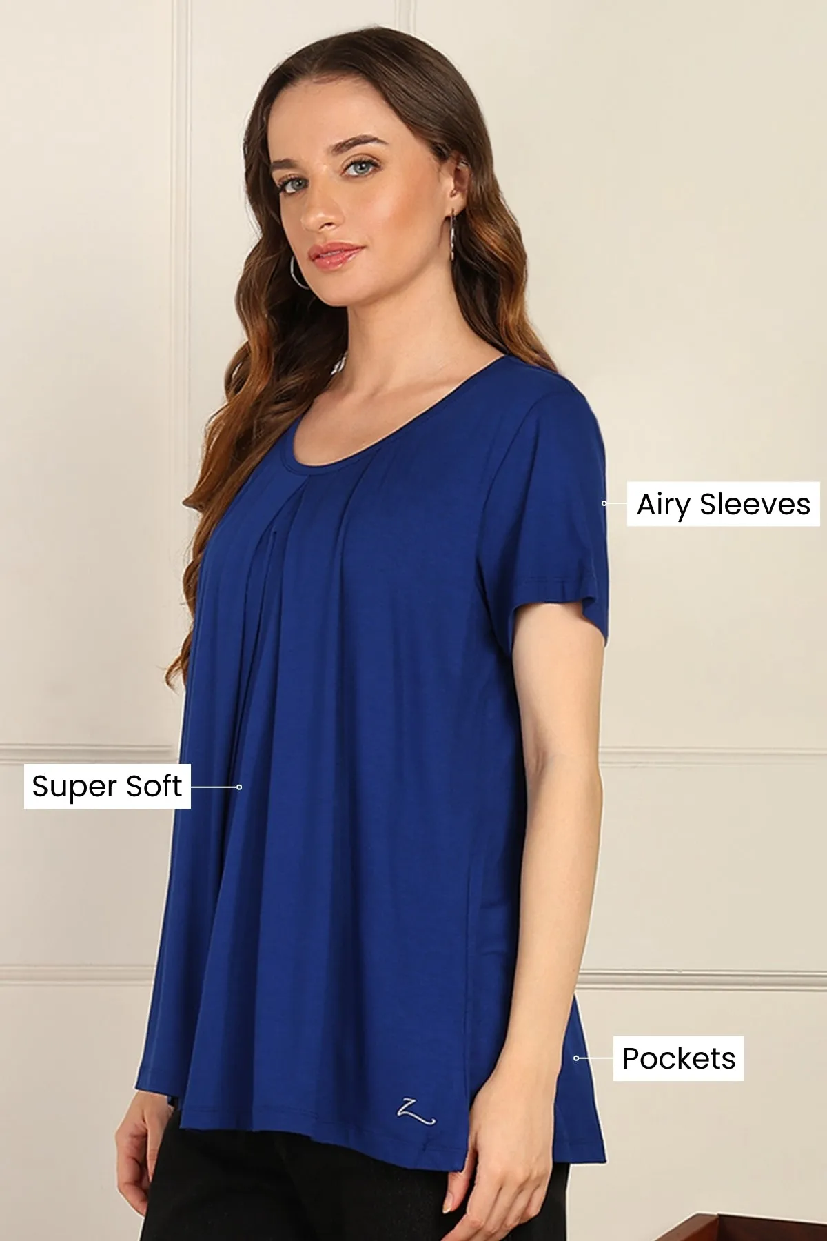 Blue Front & Back Pleated Zipless Nursing Top