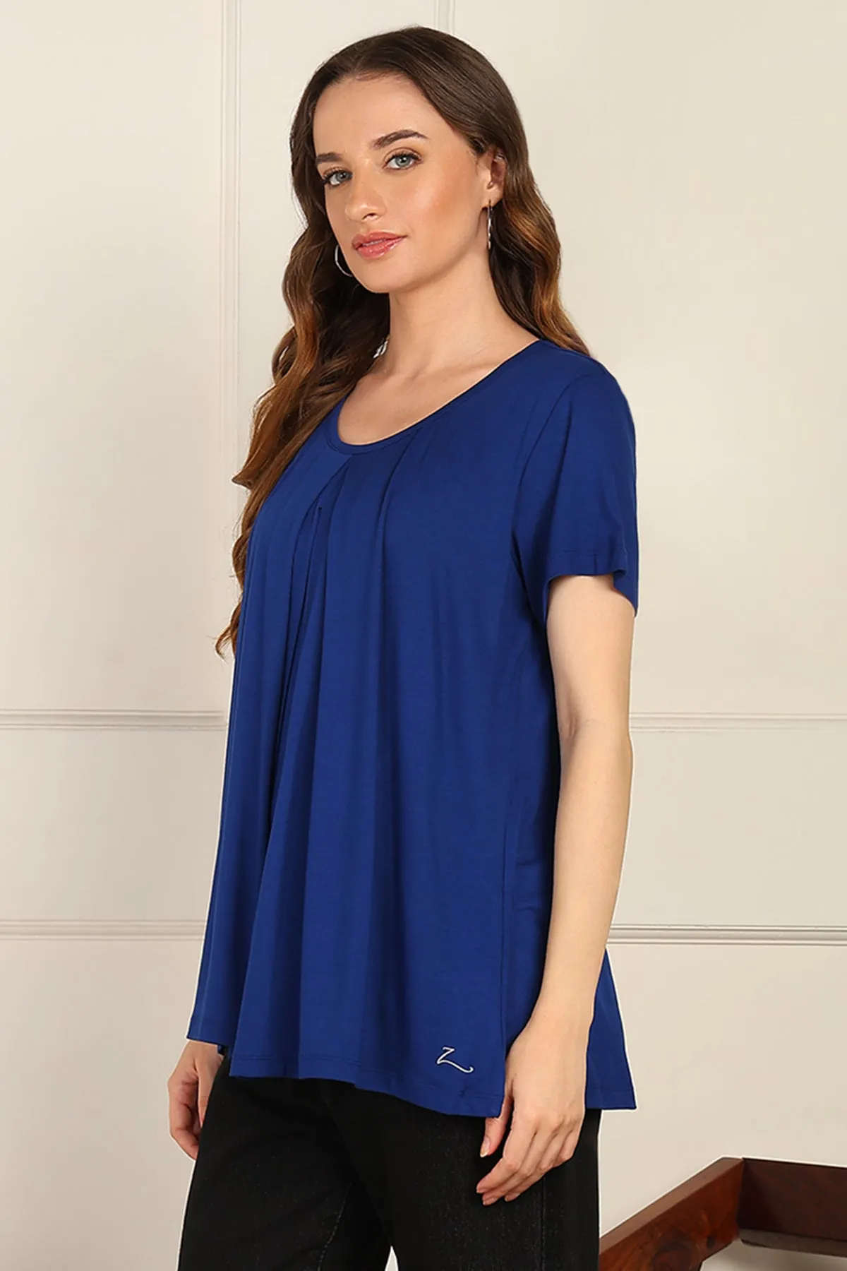 Blue Front & Back Pleated Zipless Nursing Top