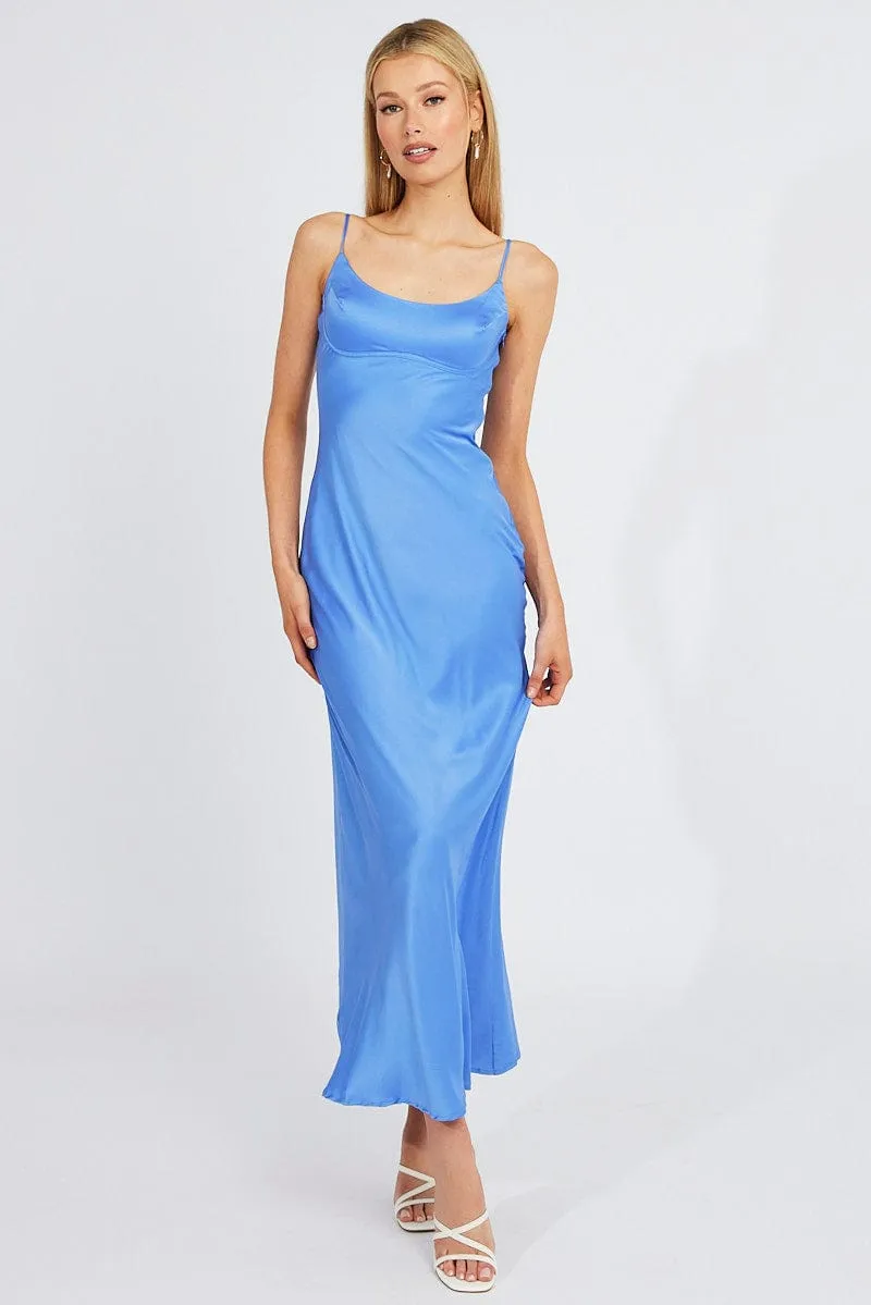 Blue Maxi Dress Strappy Satin